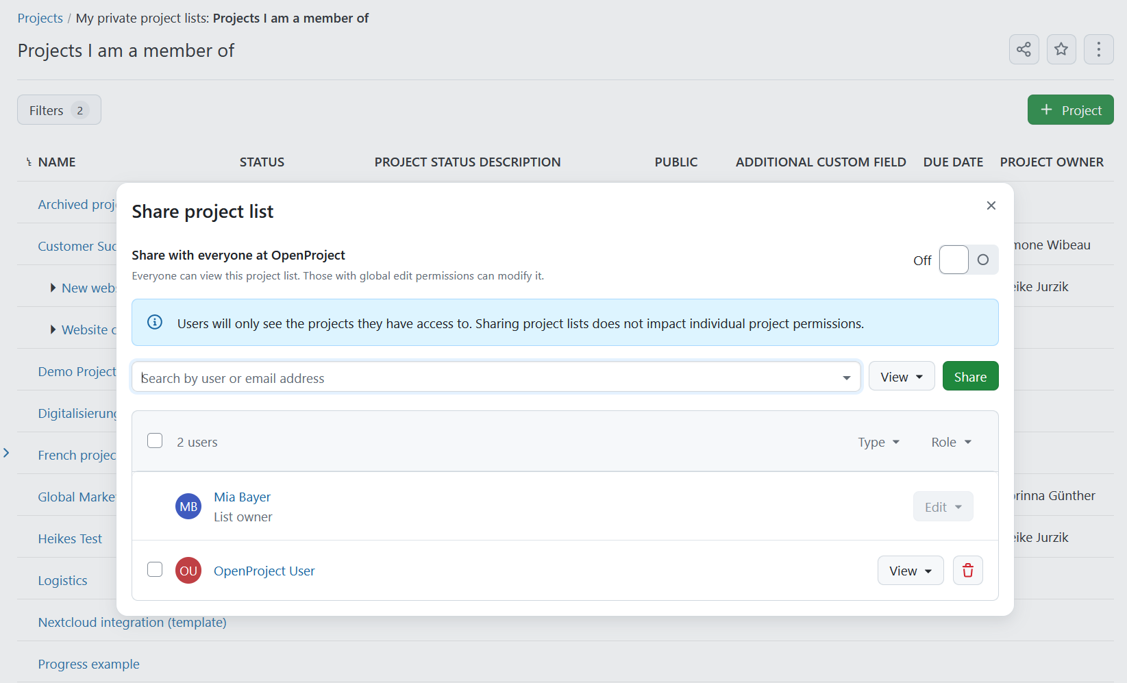 Sharing OpenProject project lists