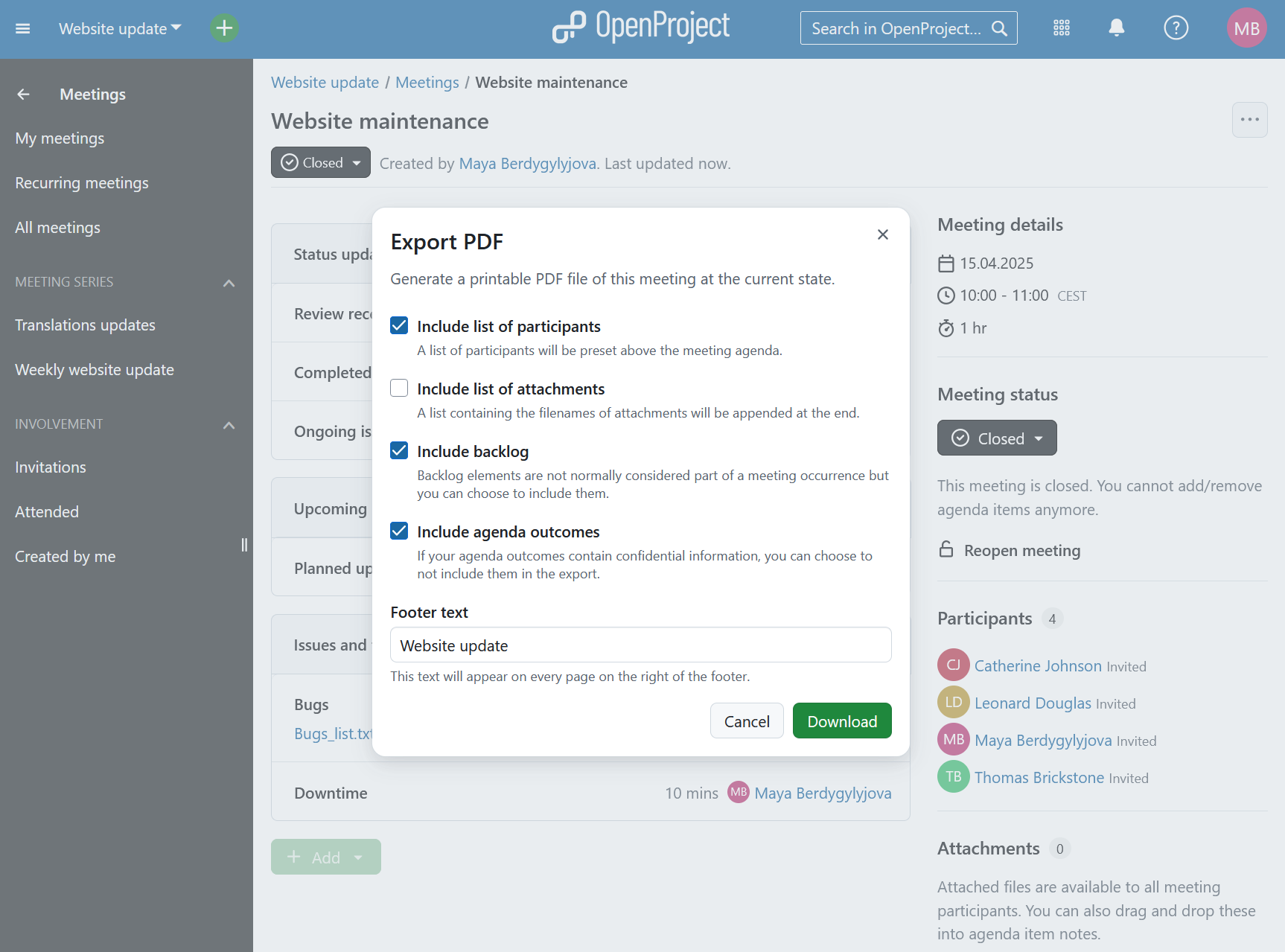 Ein Export-Modal, um festzulegen, was in einen PDF-Export einer Besprechung in der Projektmanagement-Software OpenProject aufgenommen werden soll.