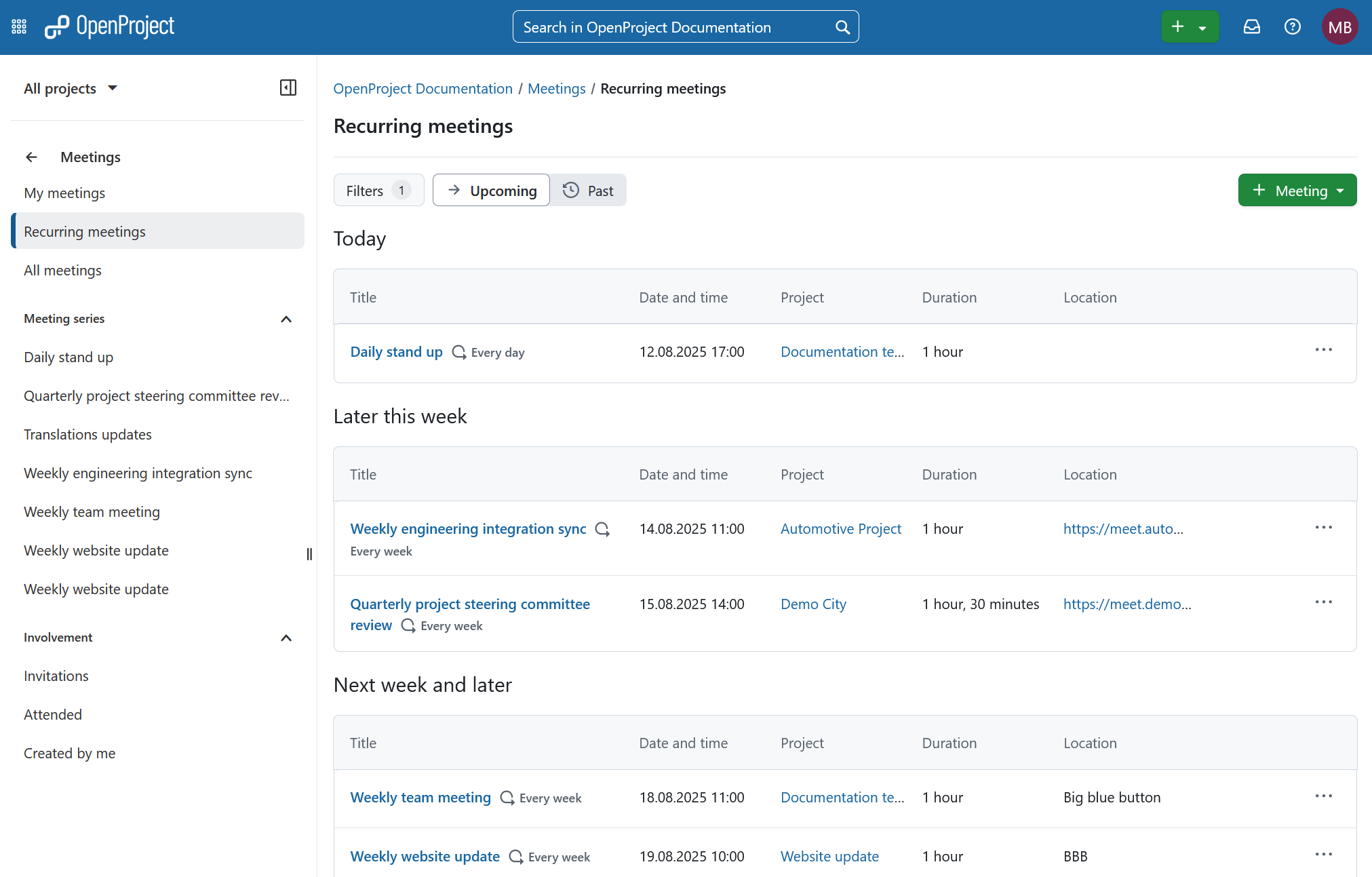 Übersichtsseite mit wiederkehrenden Besprechungen in der Projektmanagement-Software OpenProject