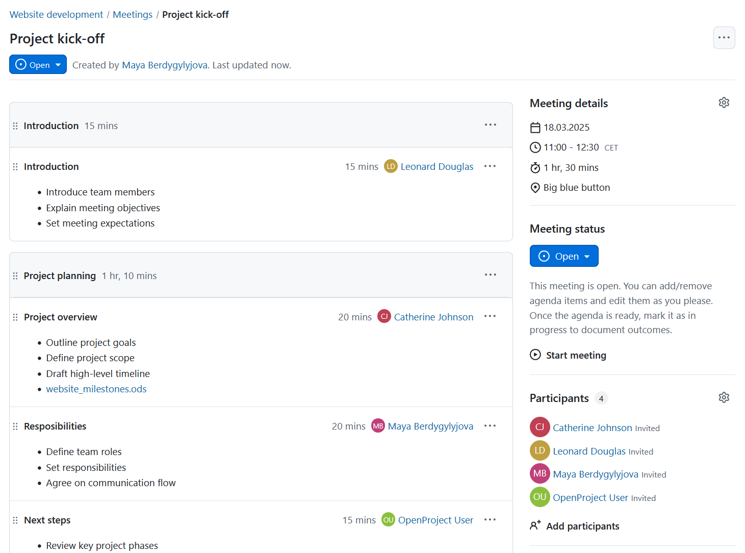 Weisen Sie jedem Tagesordnungspunkt in der OpenProject-Meeting-Management-Software Vortragende zu.