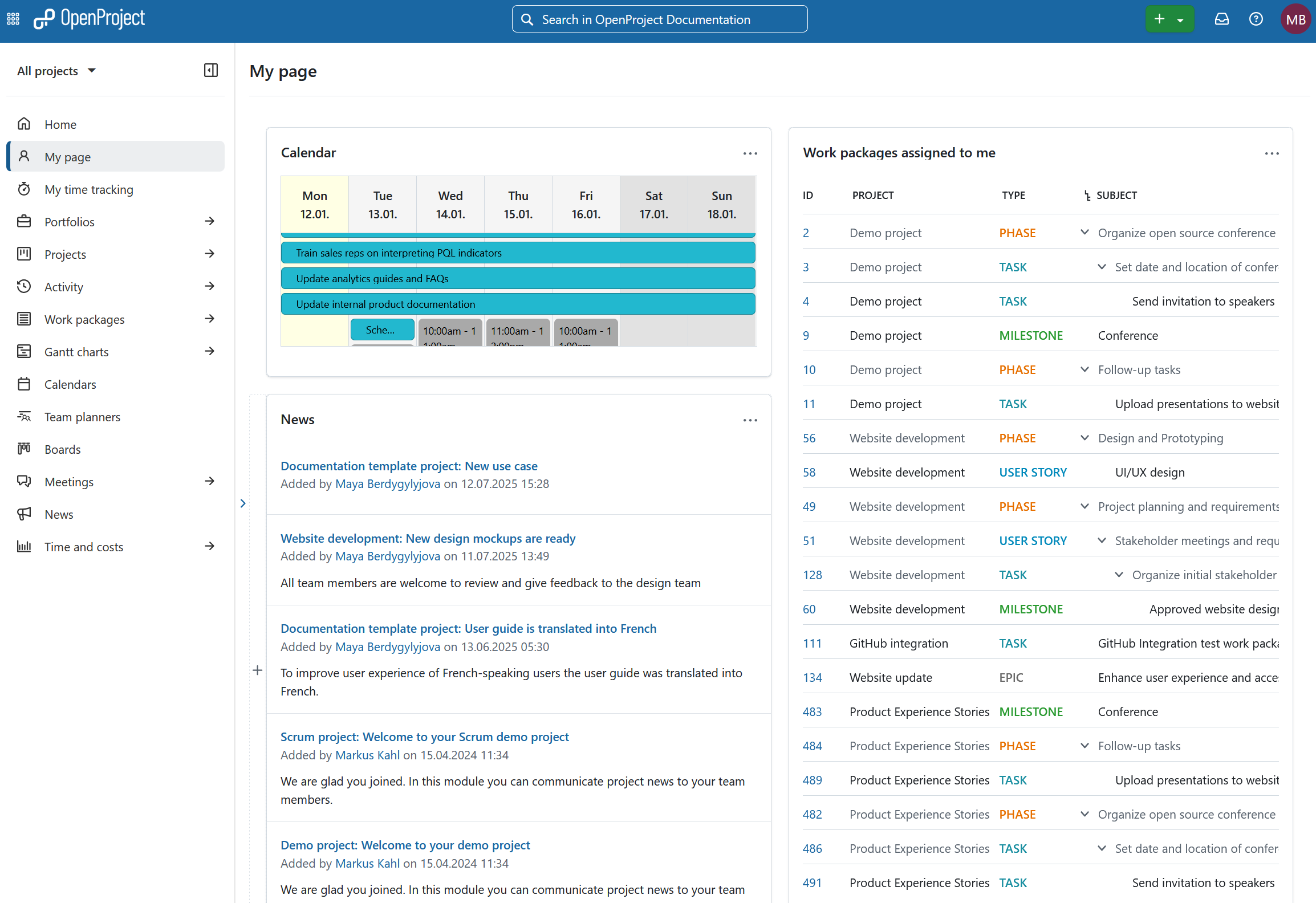 Meine Seite Modul in OpenProject mit Widgets für Kalender, Neuigkeiten und Arbeitspakete