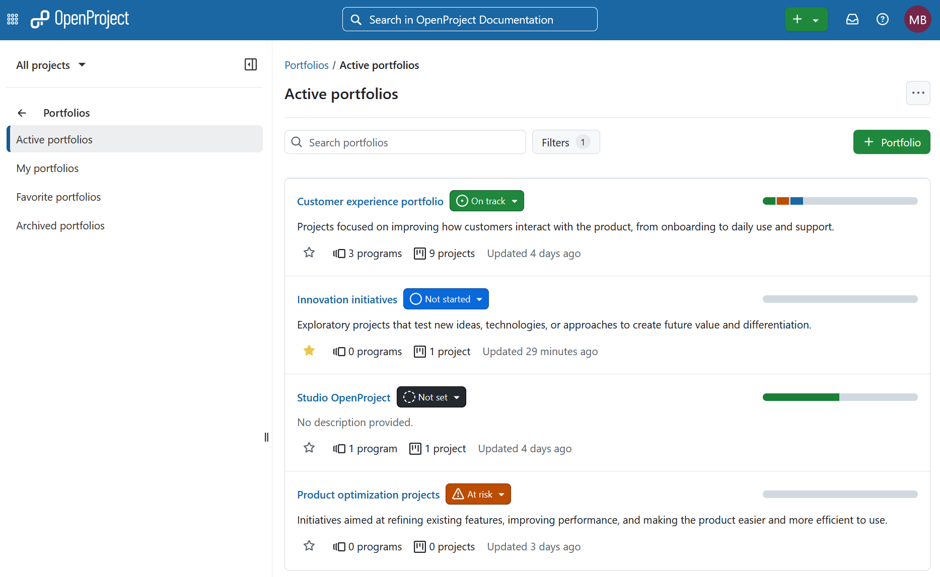 Portfolios-Modul in OpenProject, zeigt vorhandene Portfolios und zugehörige Detailinformationen an