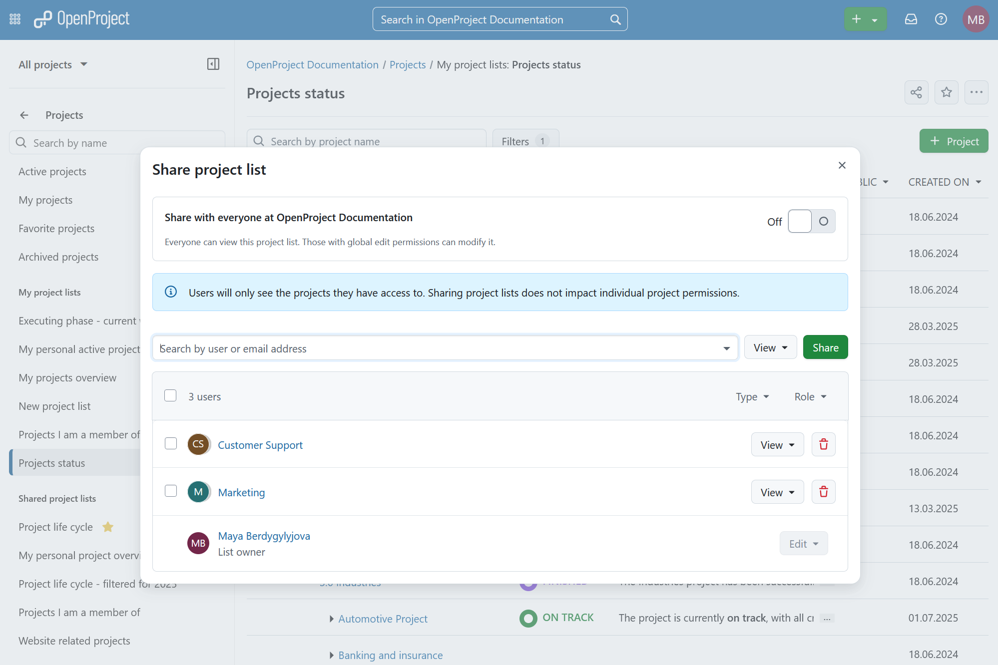 Ein Modal, das es erlaubt, eine Projektliste mit Nutzer:innen oder Gruppen in OpenProject zu teilen
