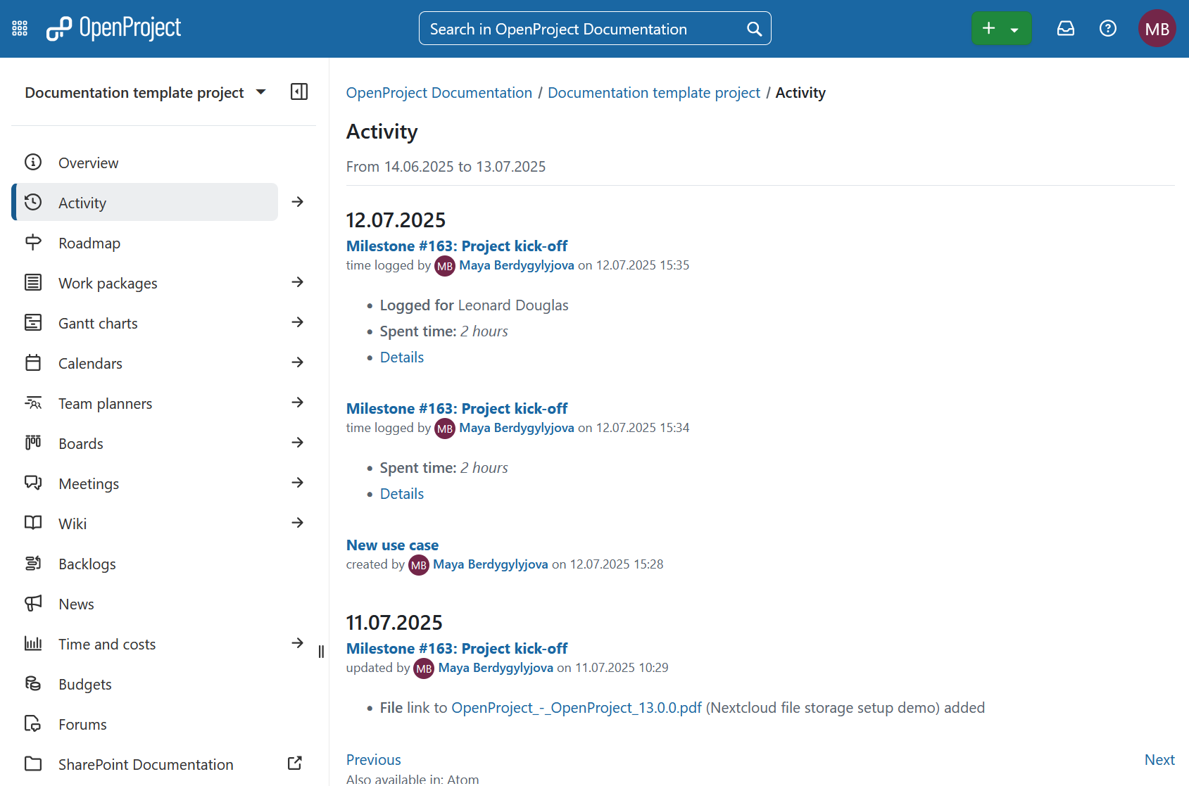 Projektänderungen werden auf einer Projektaktivitätsseite in OpenProject angezeigt.