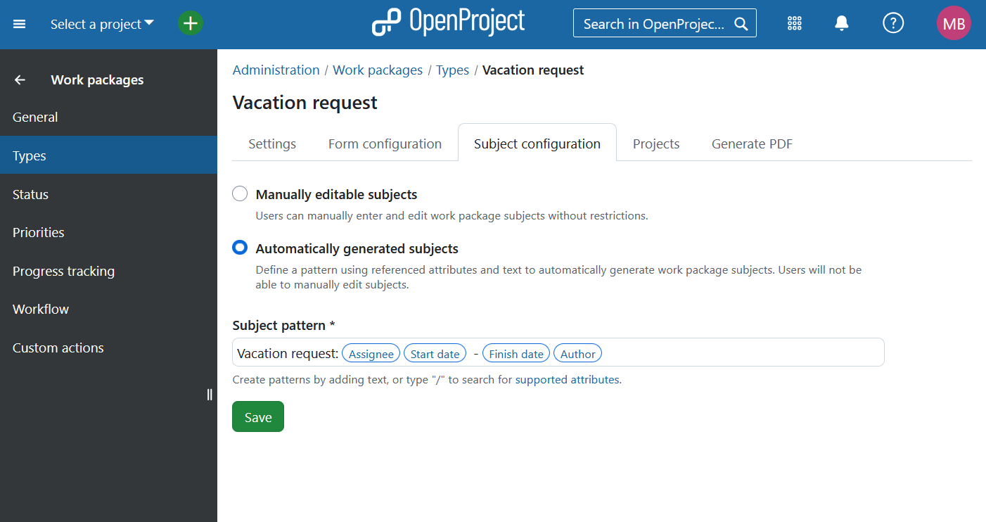 Einstellungen für die automatische Generierung von Arbeitspaket-Titeln in OpenProject