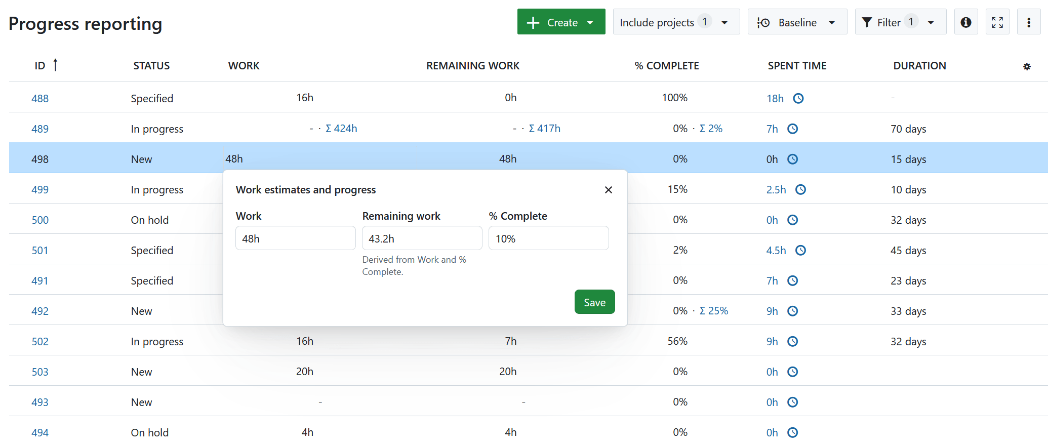 Work package table displaying attributes for progress reporting