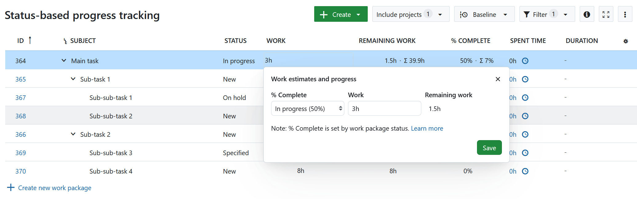 work package table displaying status-based progress reporting