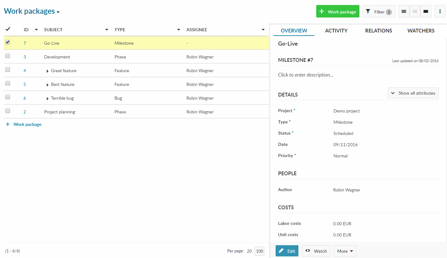 Update work packages from split screen