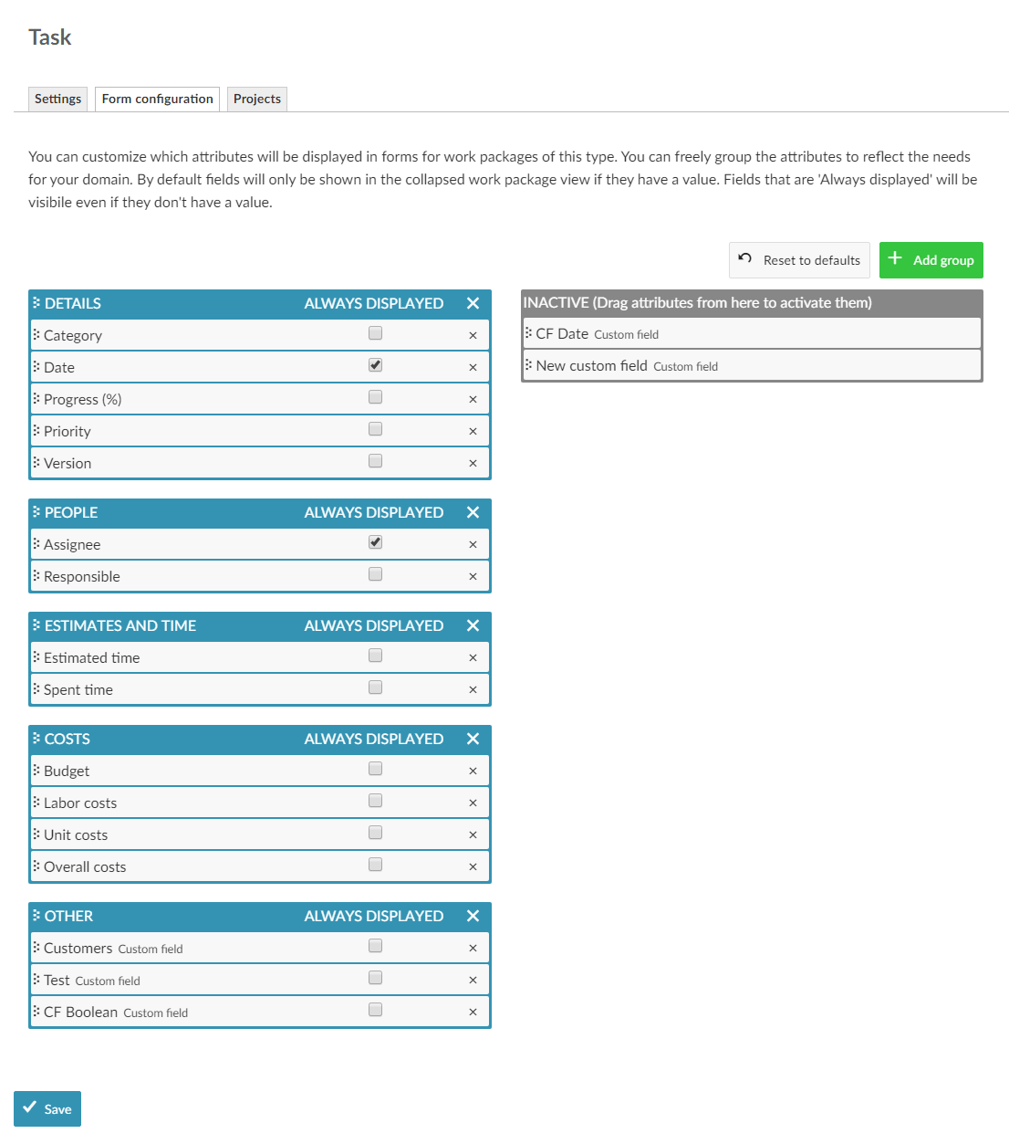 Form configuration