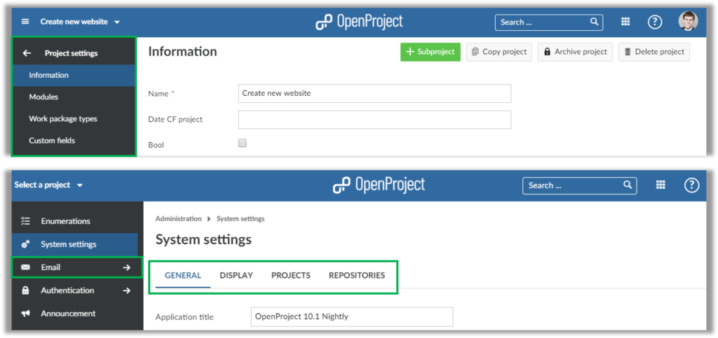 Layout project admin settings