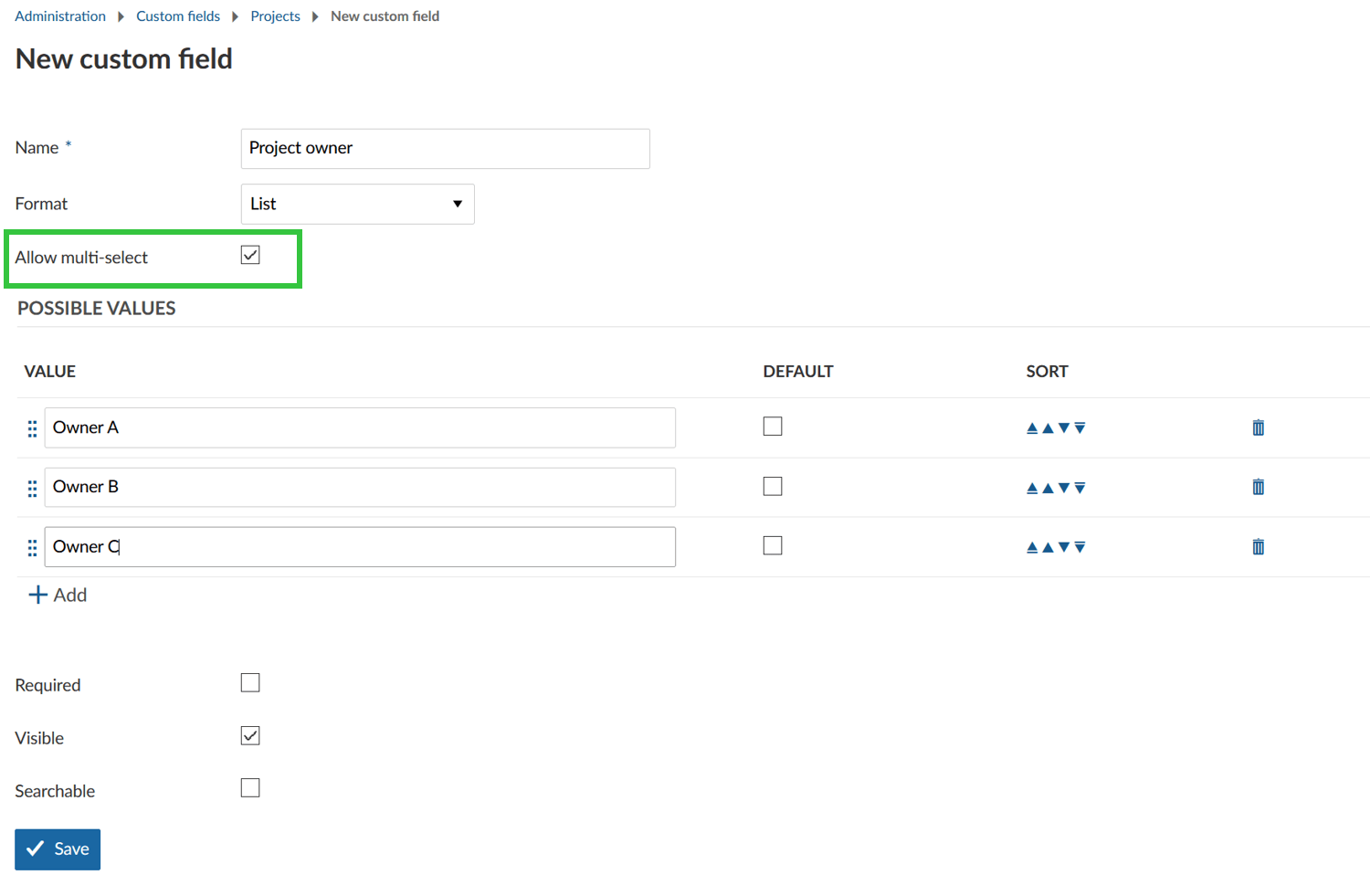 multi select custom fields for projects