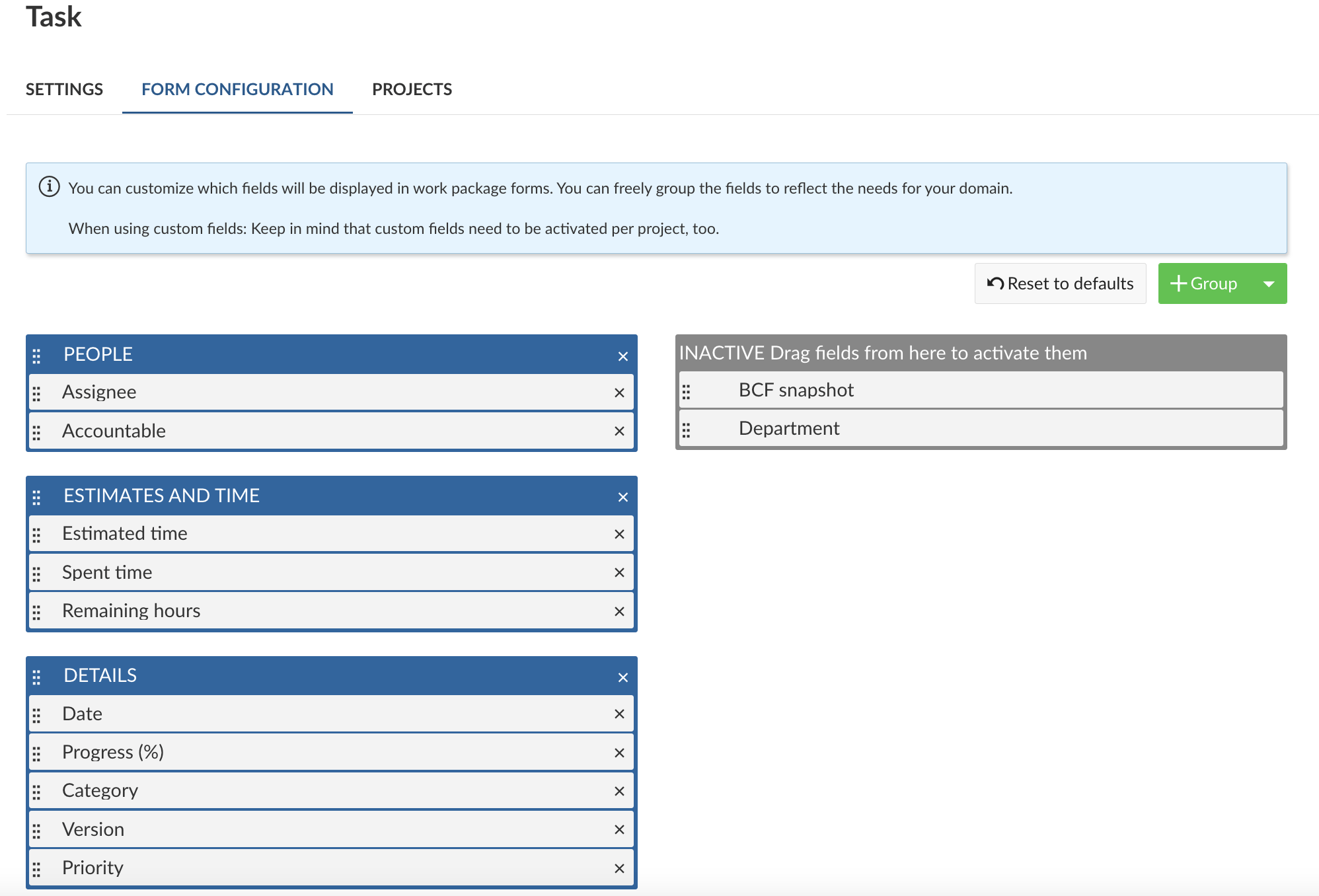 work package form for a task with groups and attributes