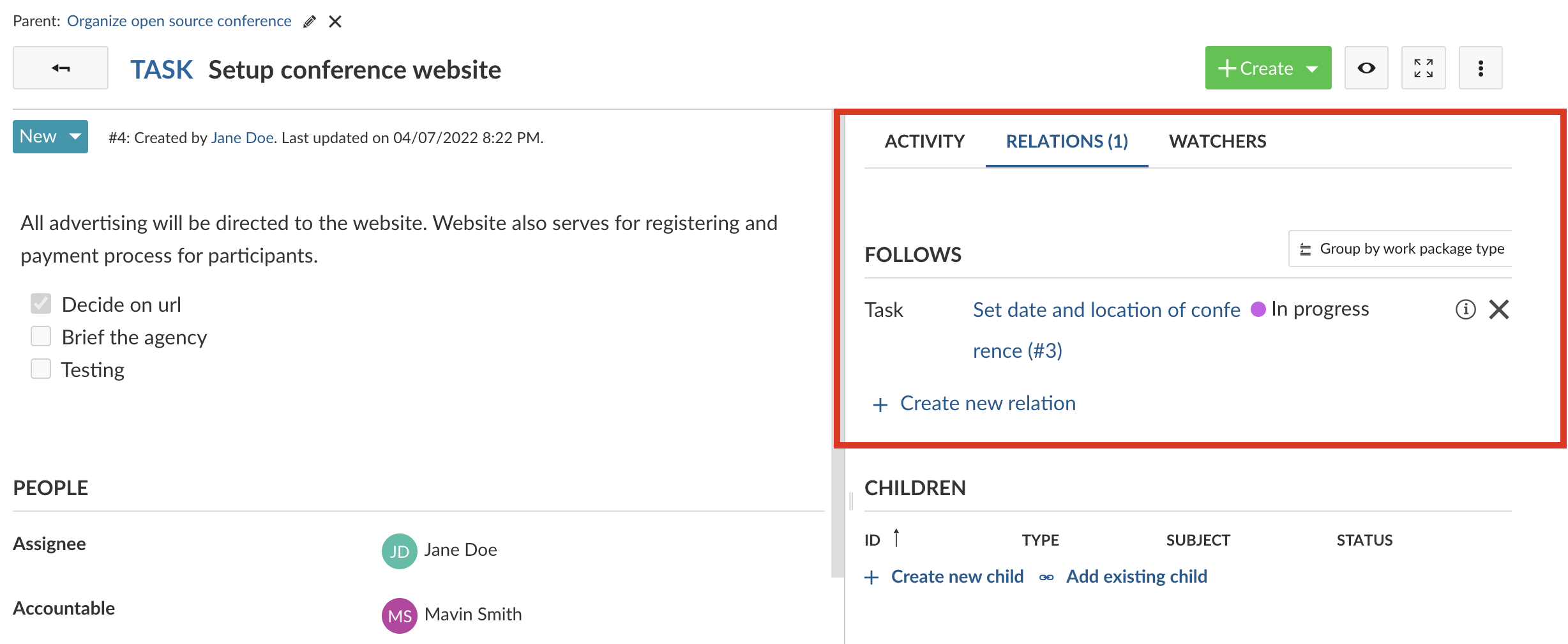 work package detail view with tab relations