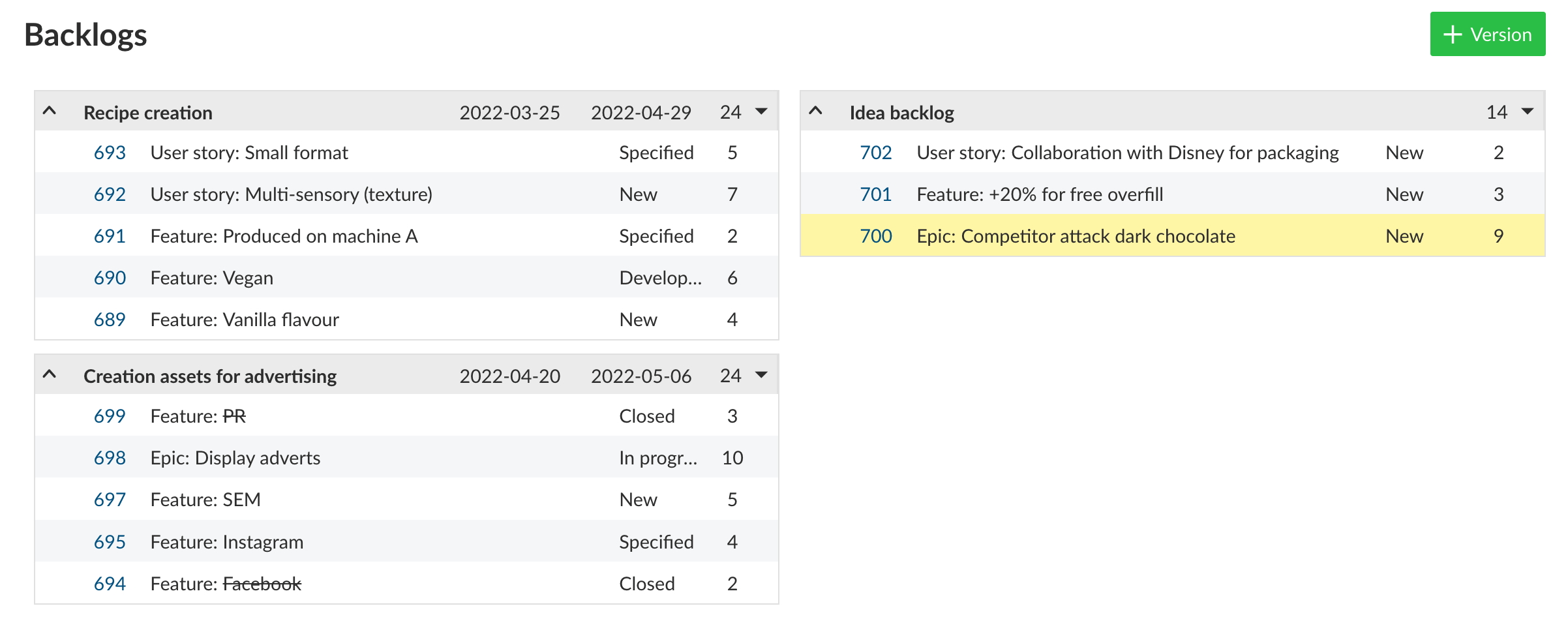 Backlogs with 2 columns