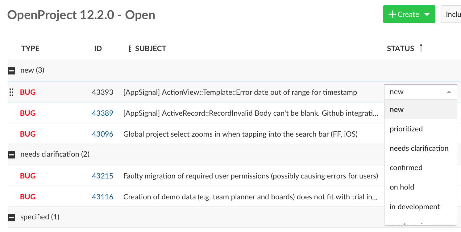 work package table with drop down for status options