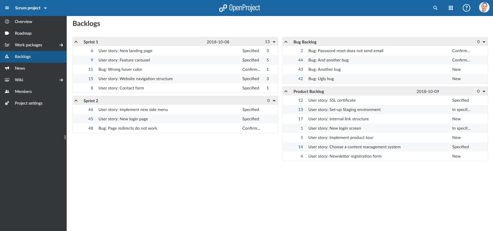 Product backlog