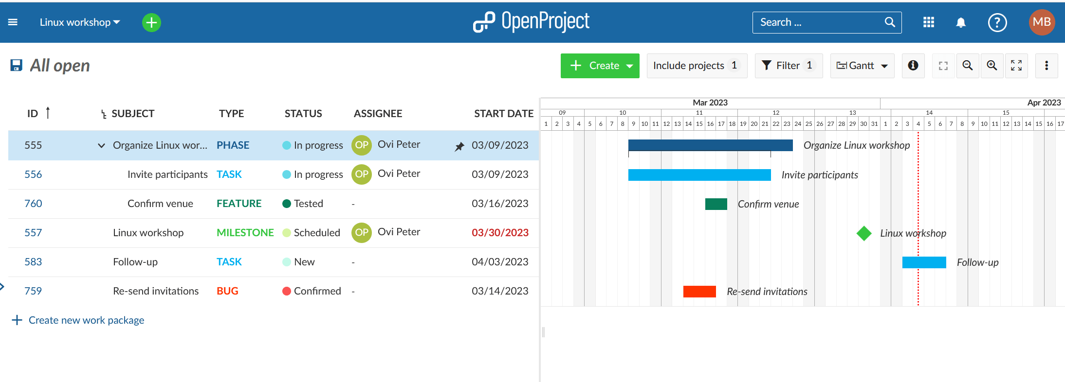 Programación manual de Gantt de OpenProject