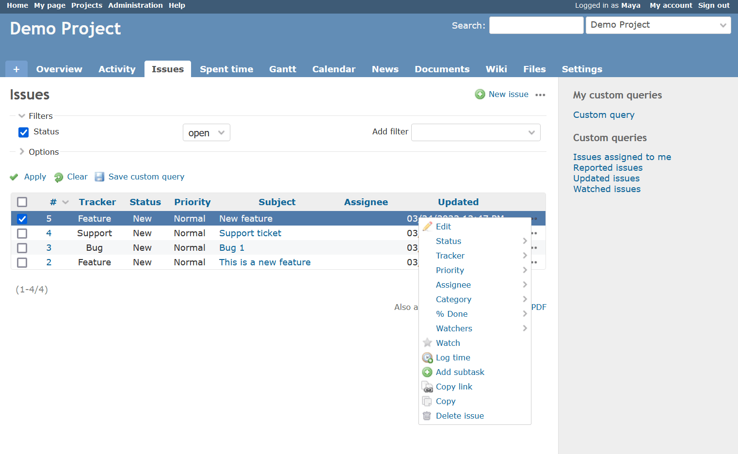 Redmine edita el paquete de trabajo en la vista de lista