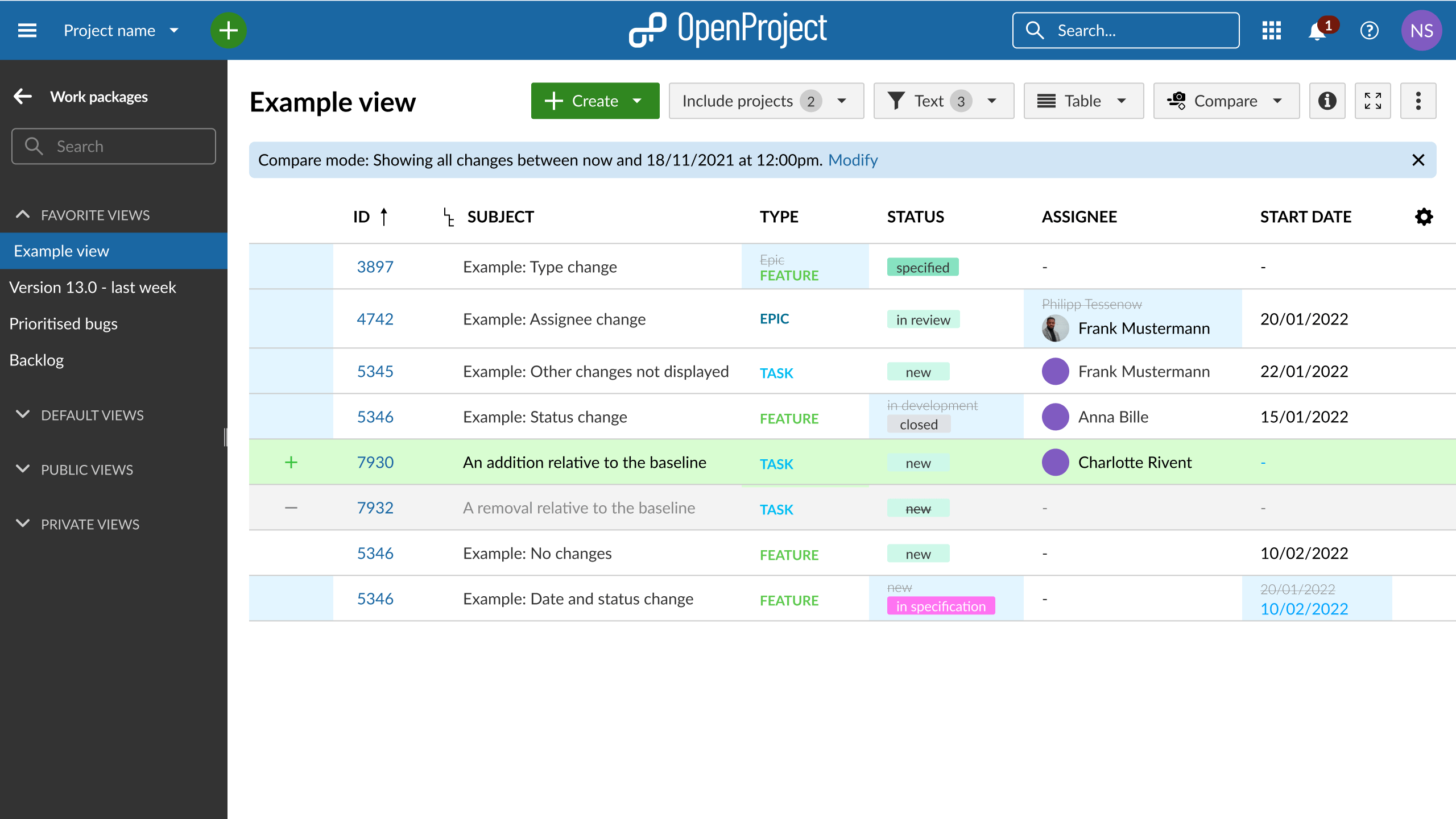 OpenProject early baseline mockup