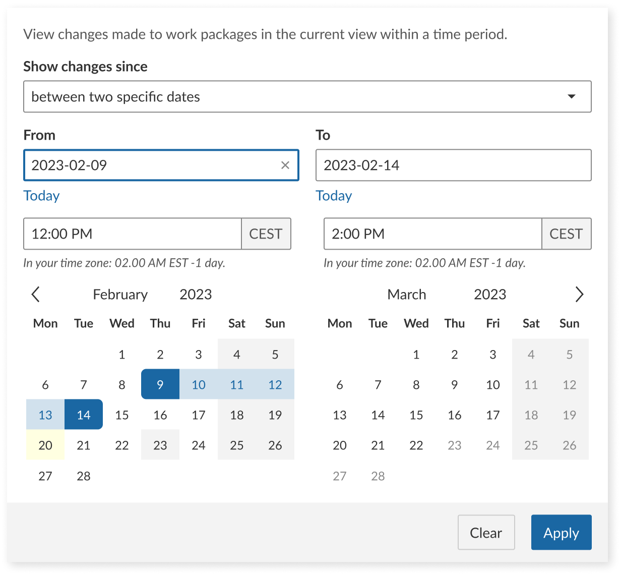 OpenProject baseline with a date range selected