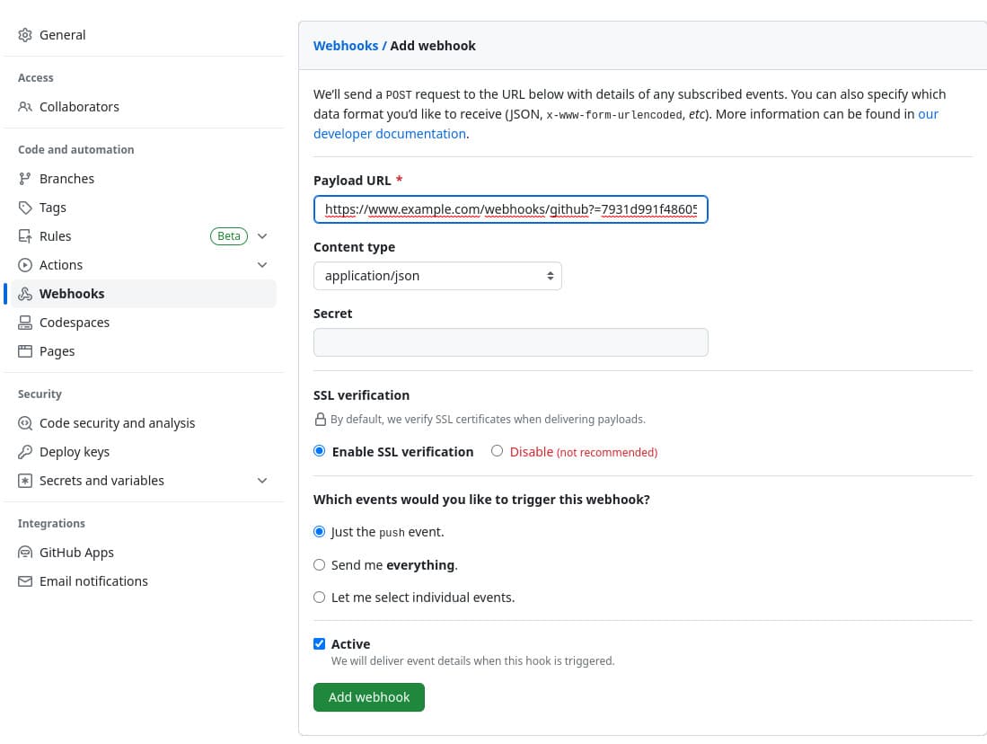 Configure GitHub webhook