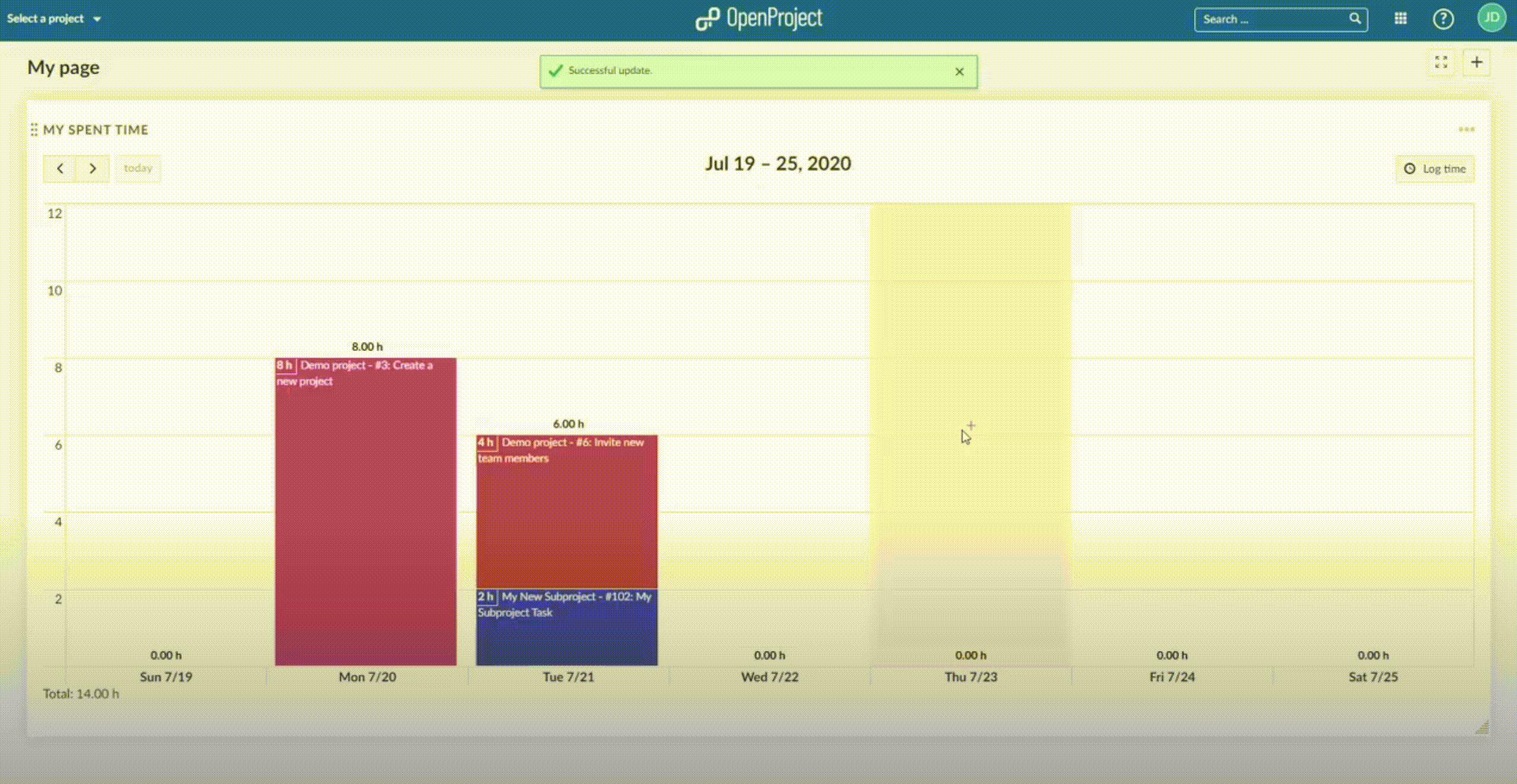 Log your working time in a widget on the MyPage with OpenProject