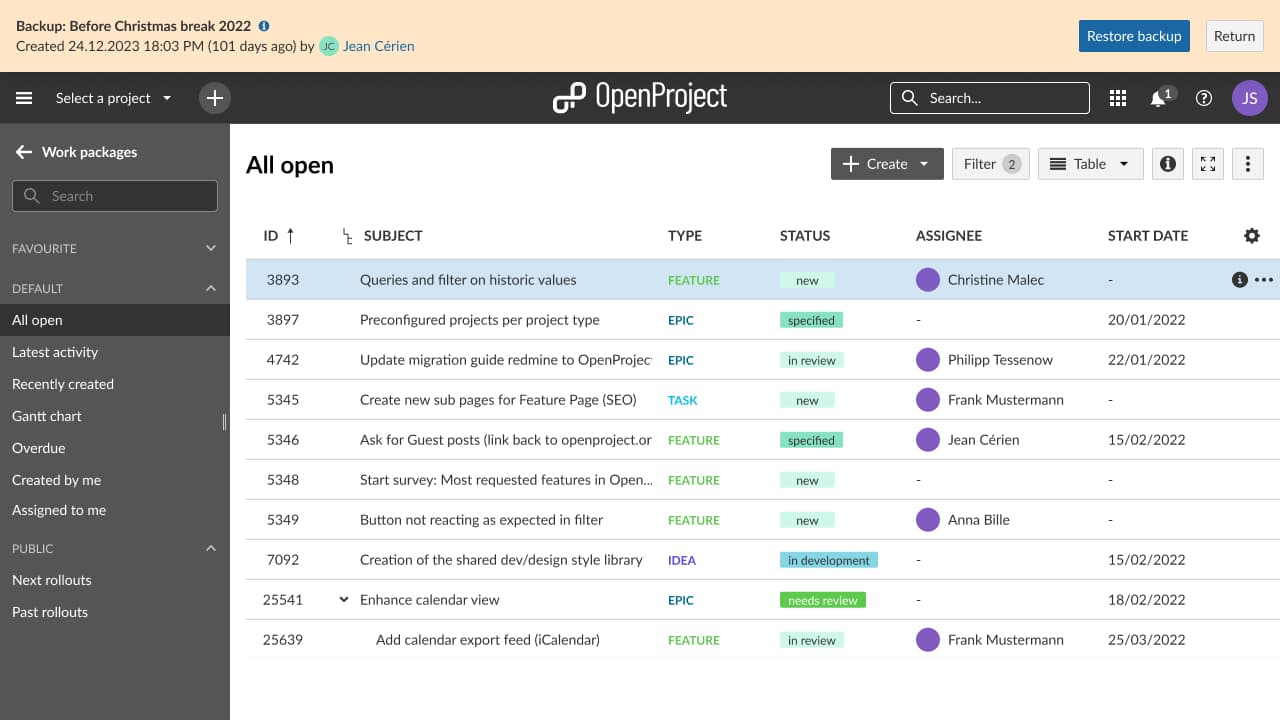 Mockup to preview a backup in OpenProject