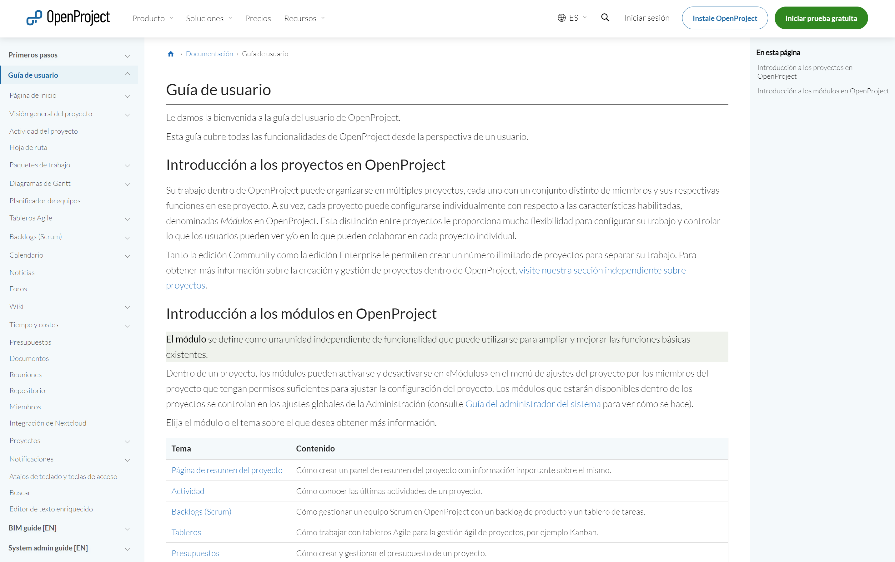 Captura de pantalla de la guía del usuario de OpenProject