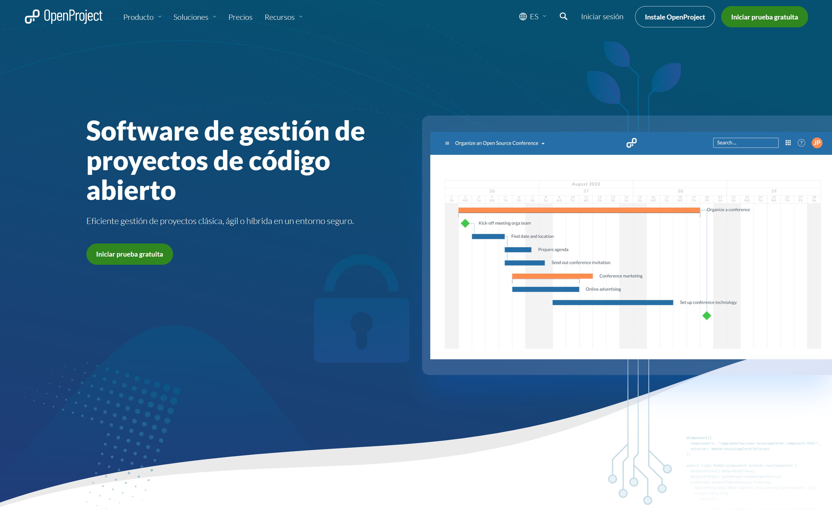 Captura de pantalla de la página web de OpenProject en español