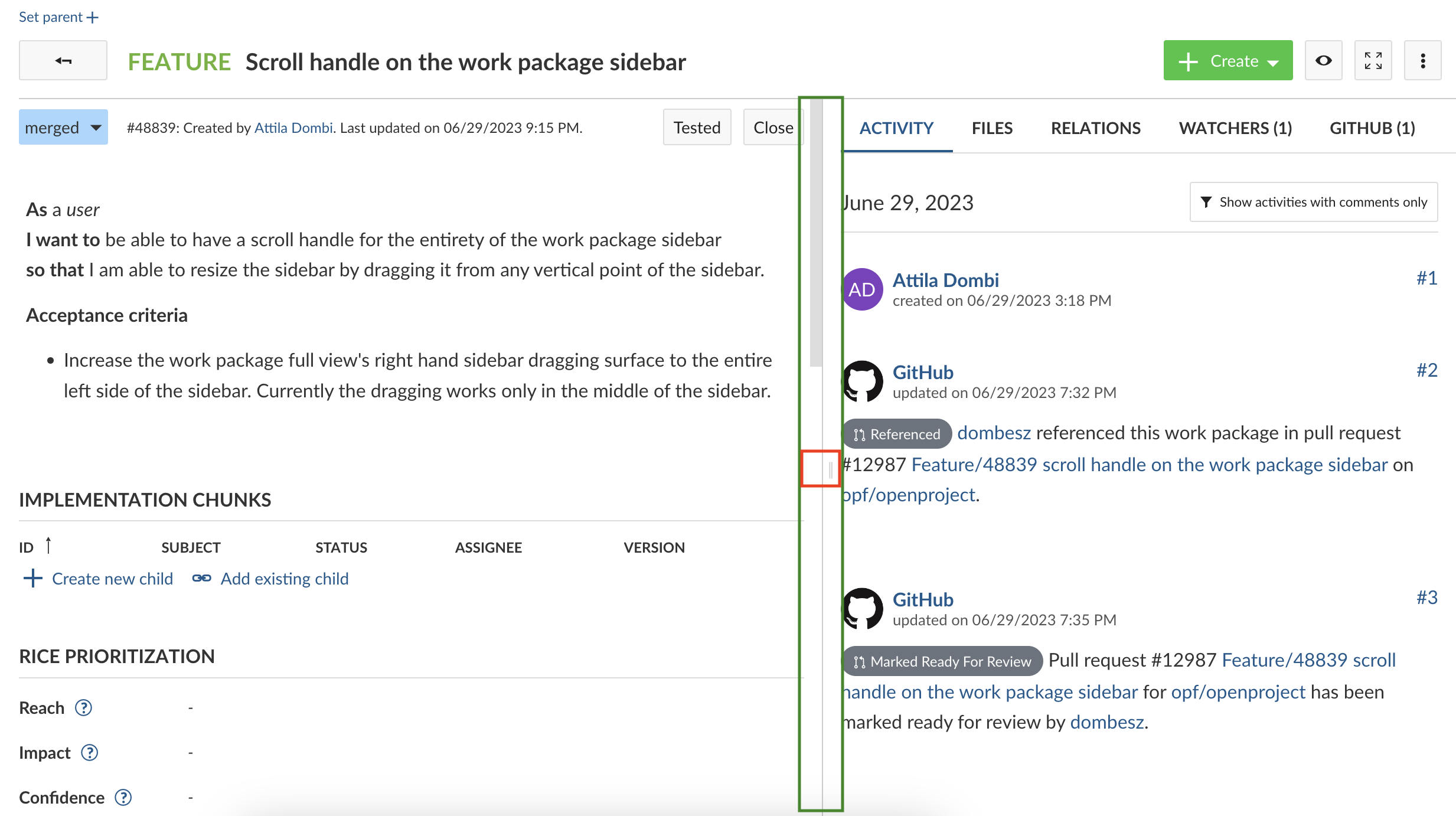 Screenshot: enlarge scroll handle for work package sidebar