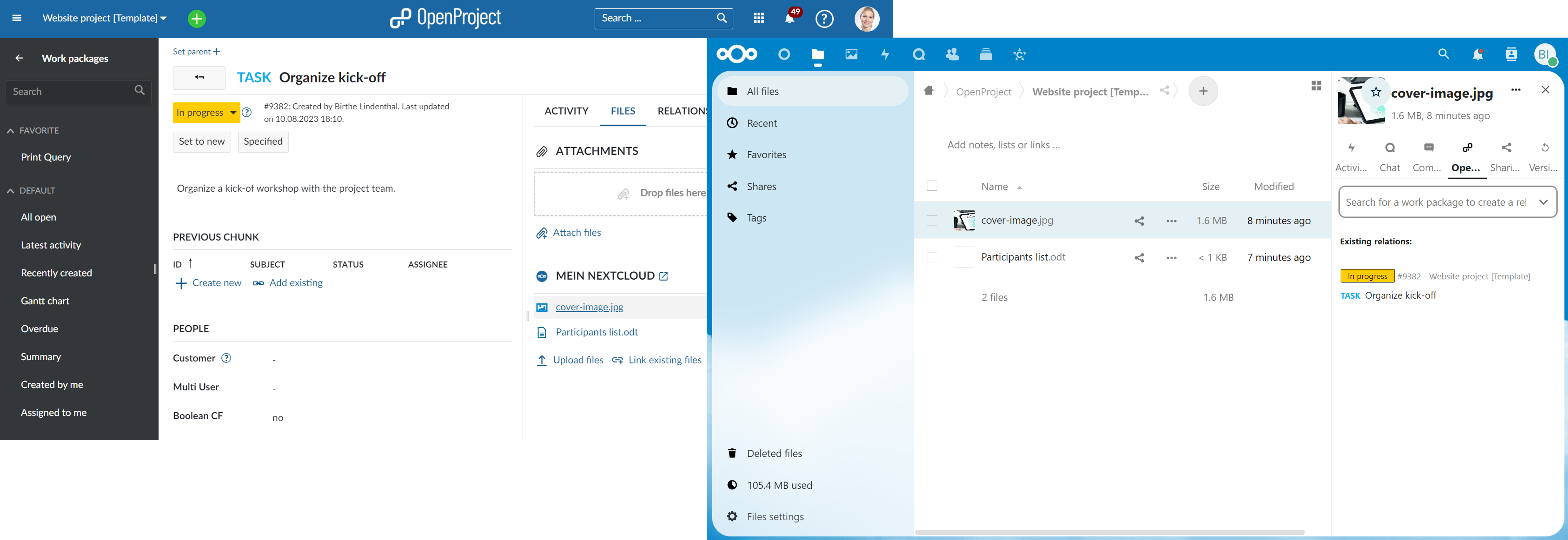 Screenshot of OpenProject and Nextcloud project folders