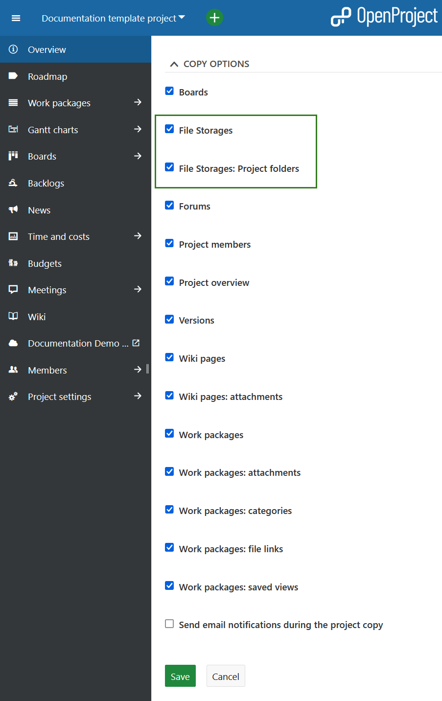 Options for copying a project within OpenProject