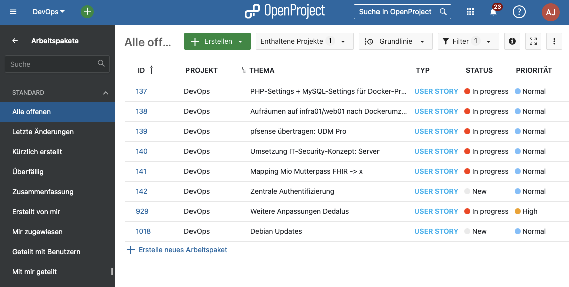 Screenshot of a work package table in OpenProject, showing 8 topics in a DevOps project