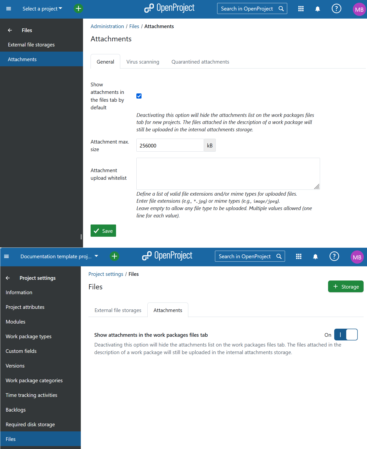 Files settings in OpenProject