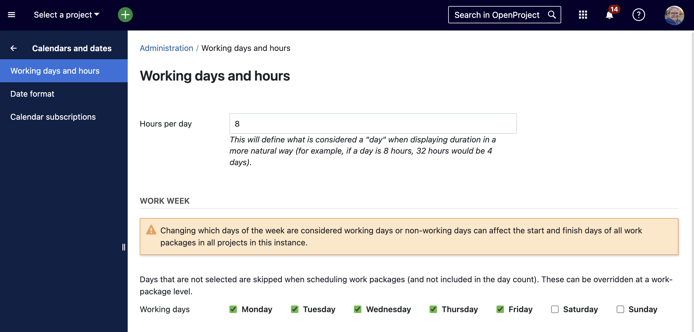 Define working hours per day and working days per week