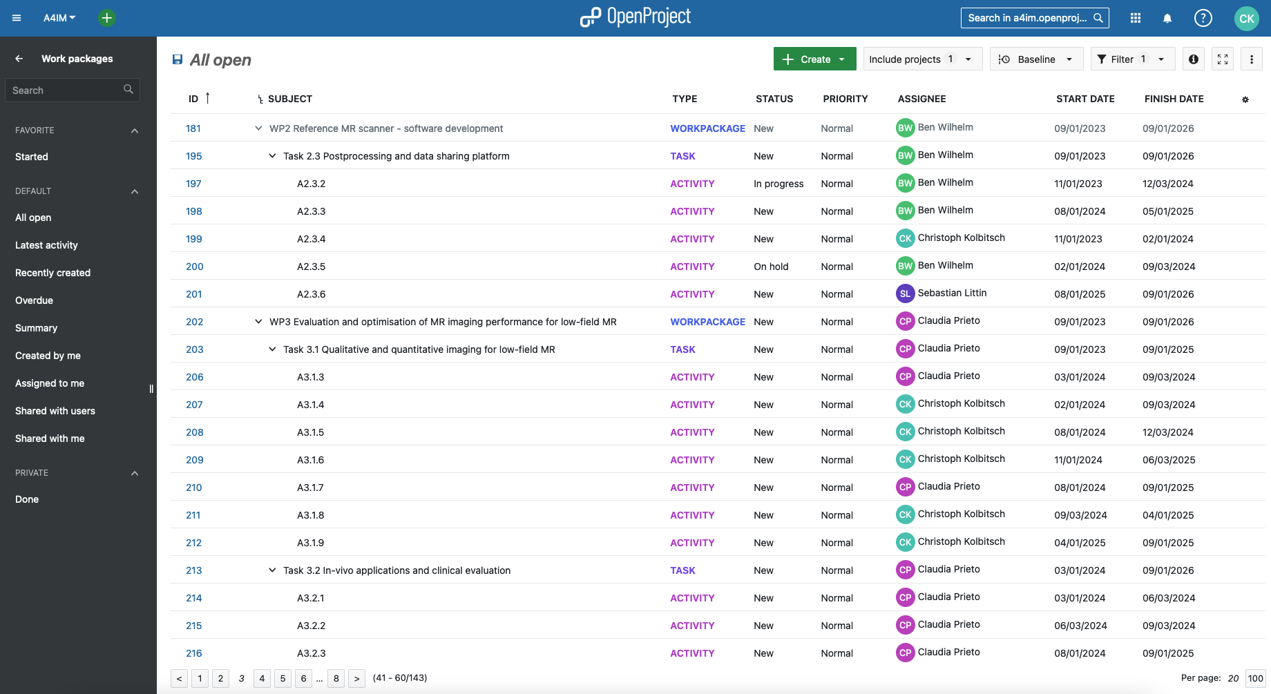 Screenshot of a work package table in the MRI scanner project