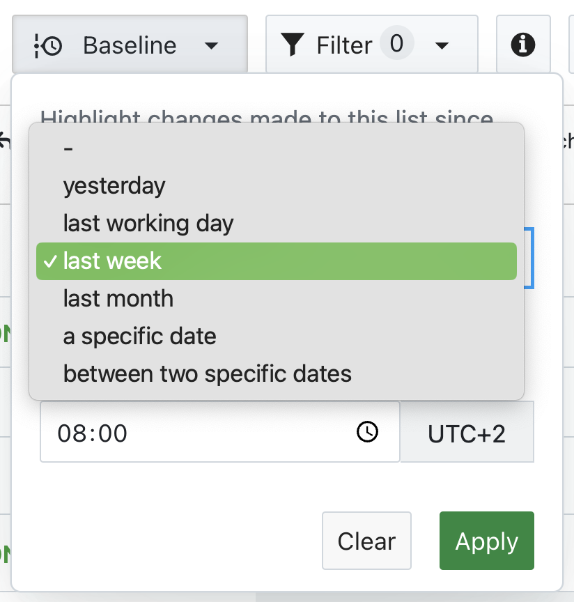 The dropdown menu of OpenProject’s Baseline feature to select a date range