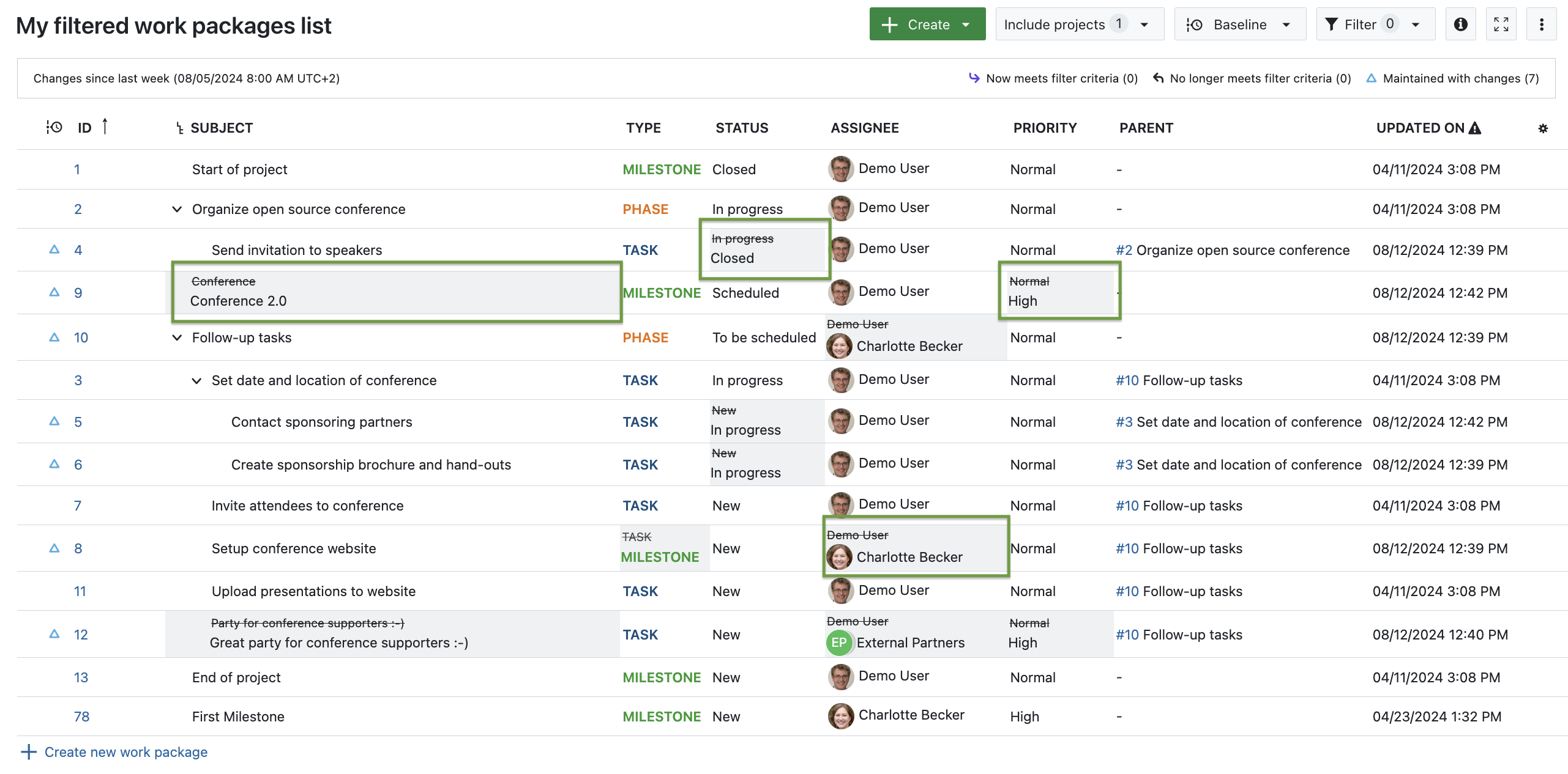 OpenProject’s Baseline feature with highlighted key changes