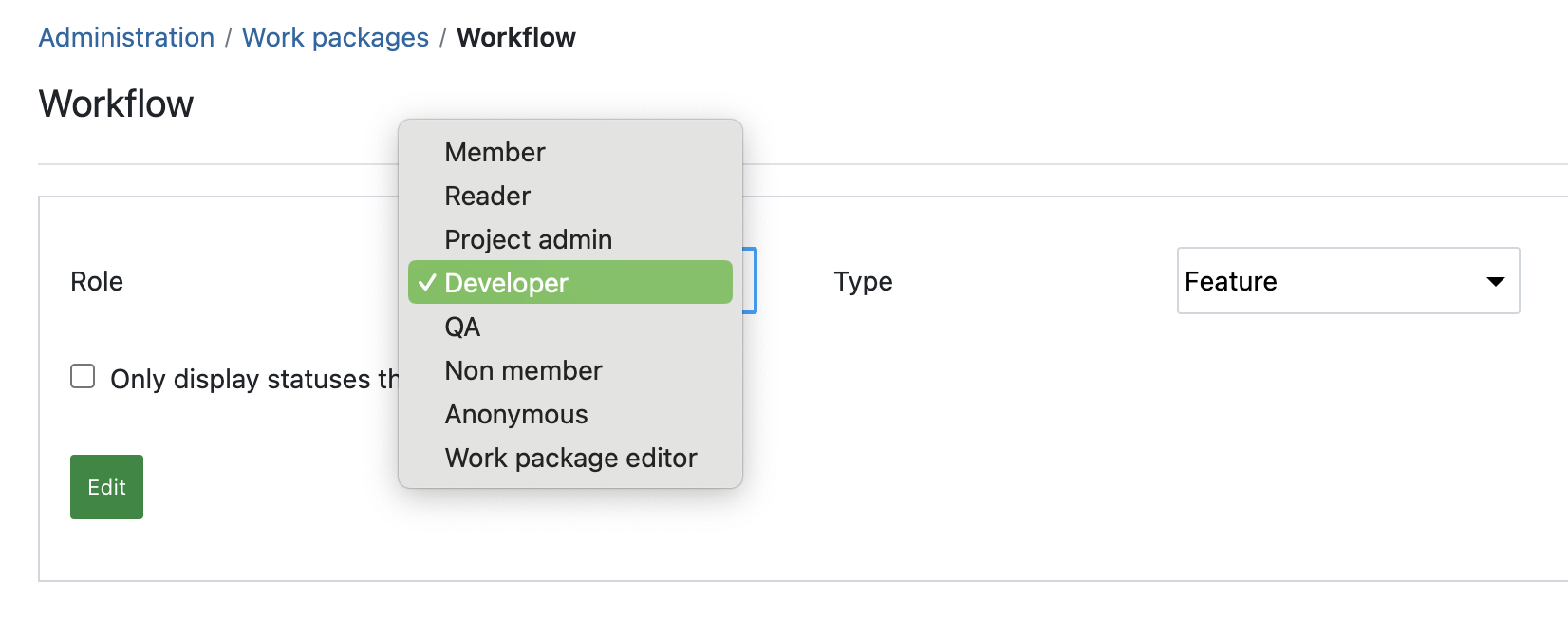 Screenshot showing how to start creating a workflow for a certain role in OpenProject