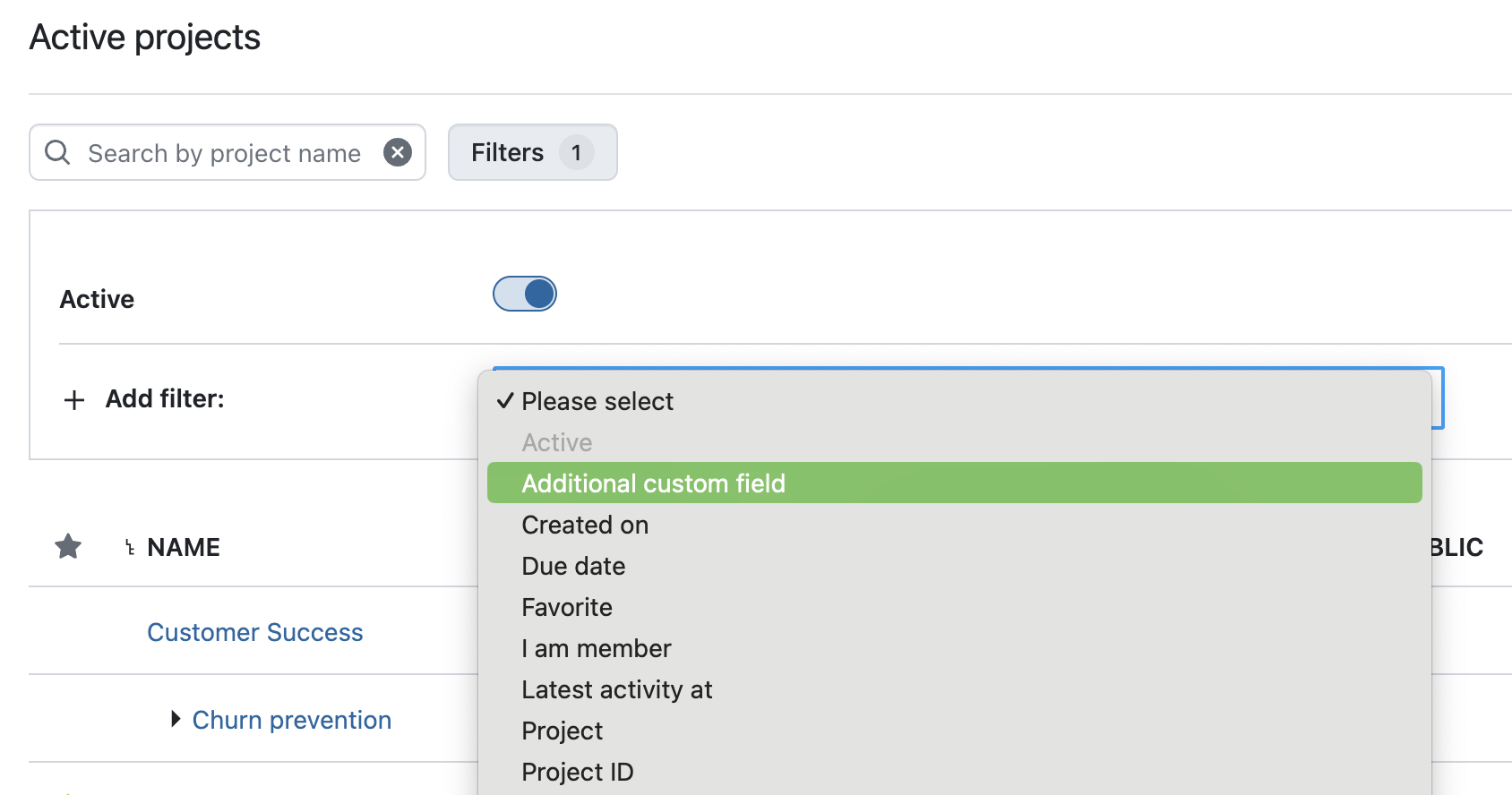 OpenProject 14.5 screenshot: custom fields for project lists