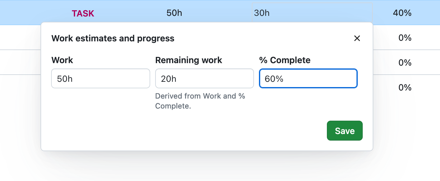 A helpful hint to show that Remaining work was automatically updated because % Complete was changed