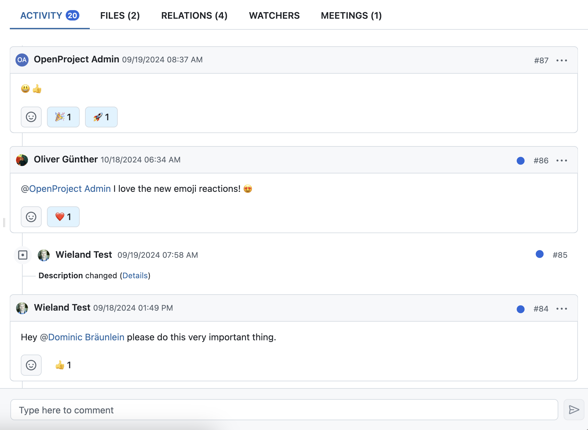 Preview screenshot of a work package comment section with emoji reactions