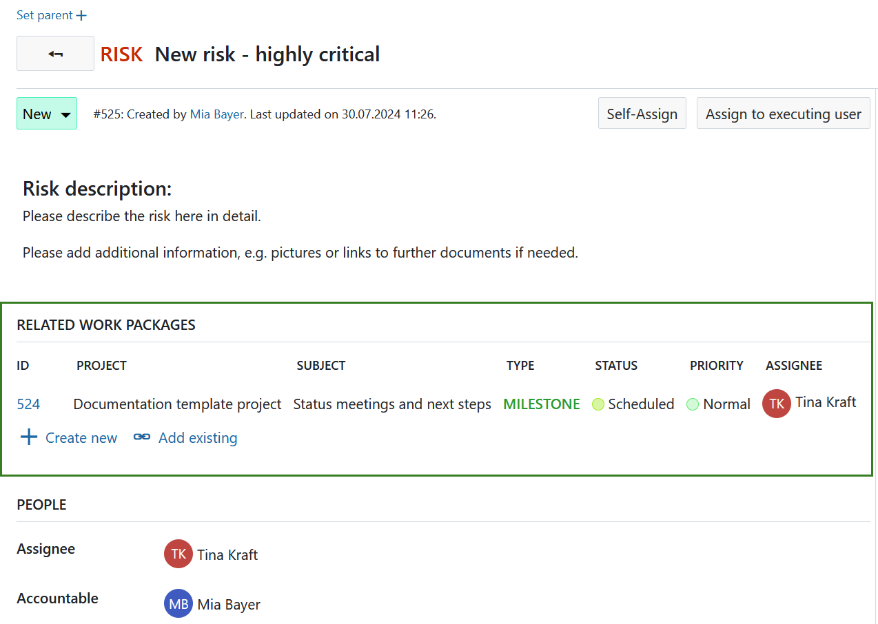 Table of related work packages displayed on a work package