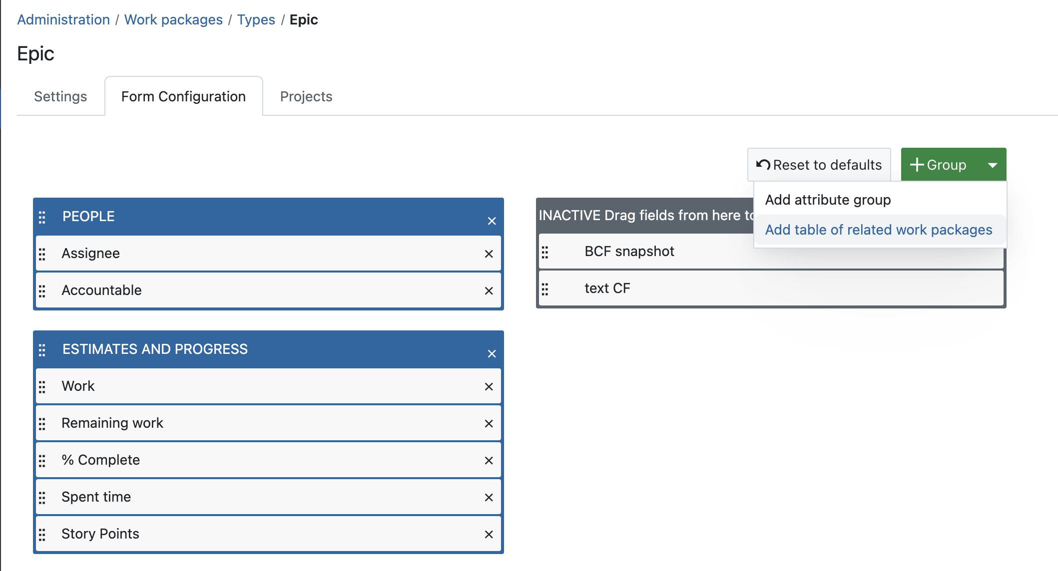 Example screenshot: How to add a table of related work packages in the administration