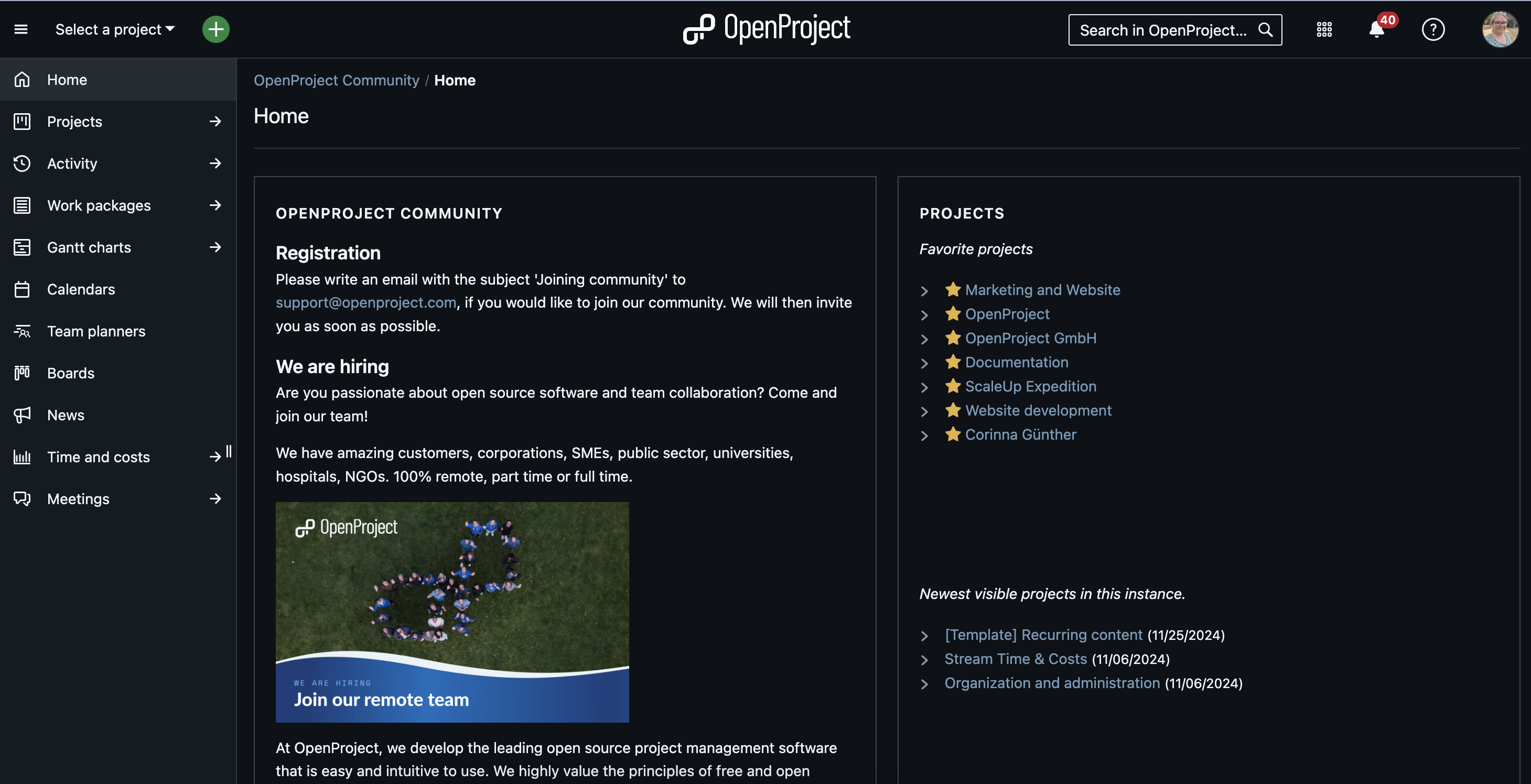 Screenshot of the Community global page in dark mode