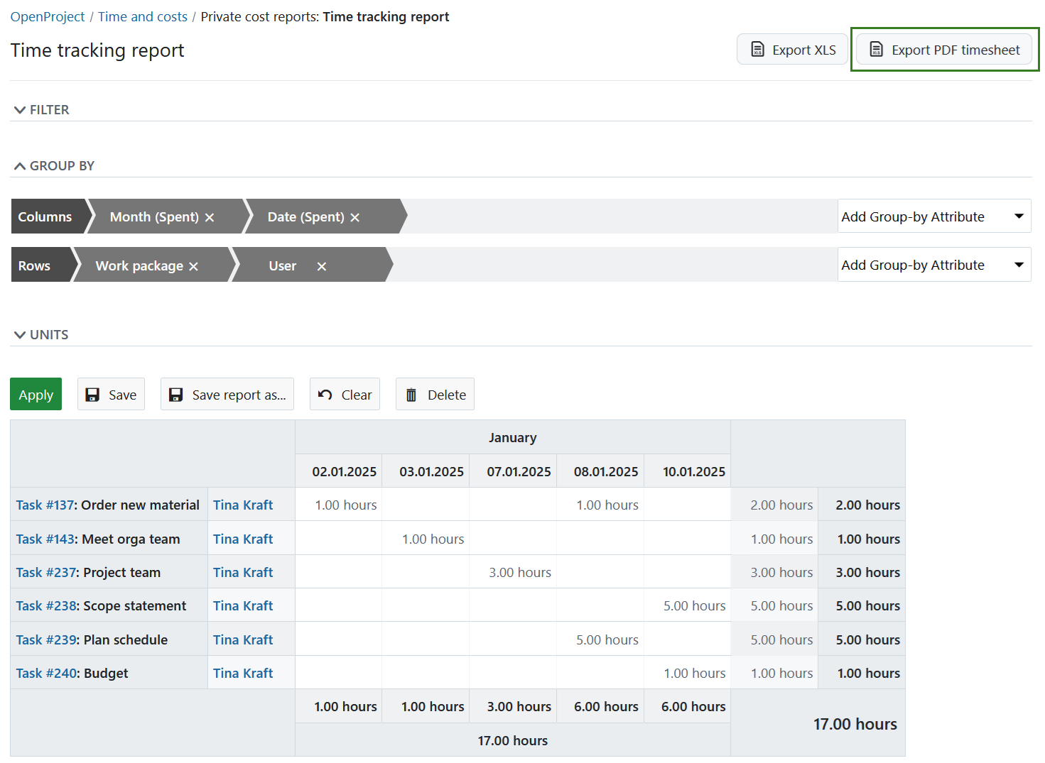 Screenshot showing the time and costs module with a highlighted ‘Export PDF timesheet’ button