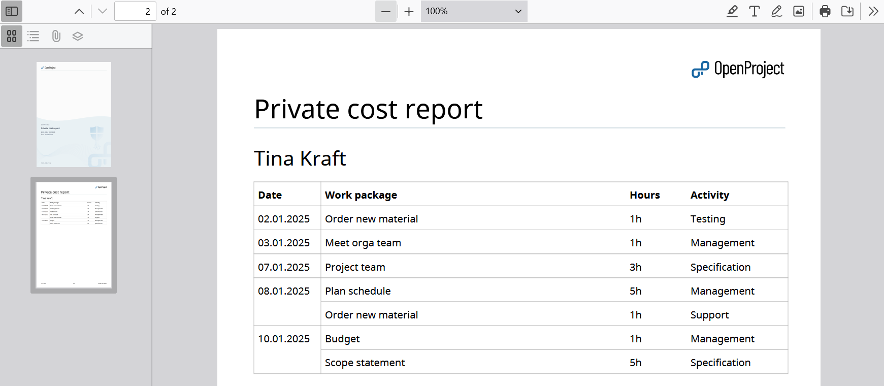 Screenshot showing the exported timesheet from OpenProject to PDF