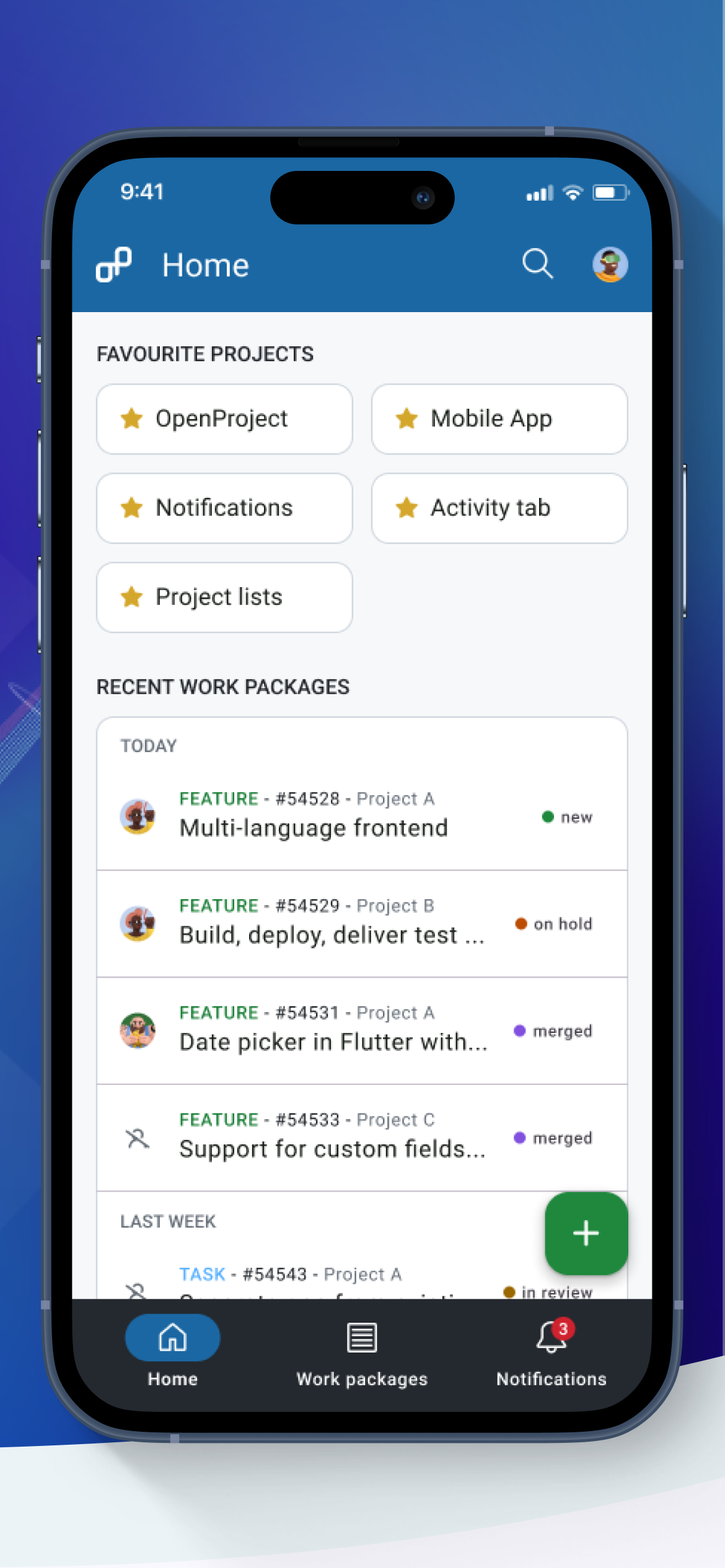 The OpenProject mobile app Home screen in an alpha version