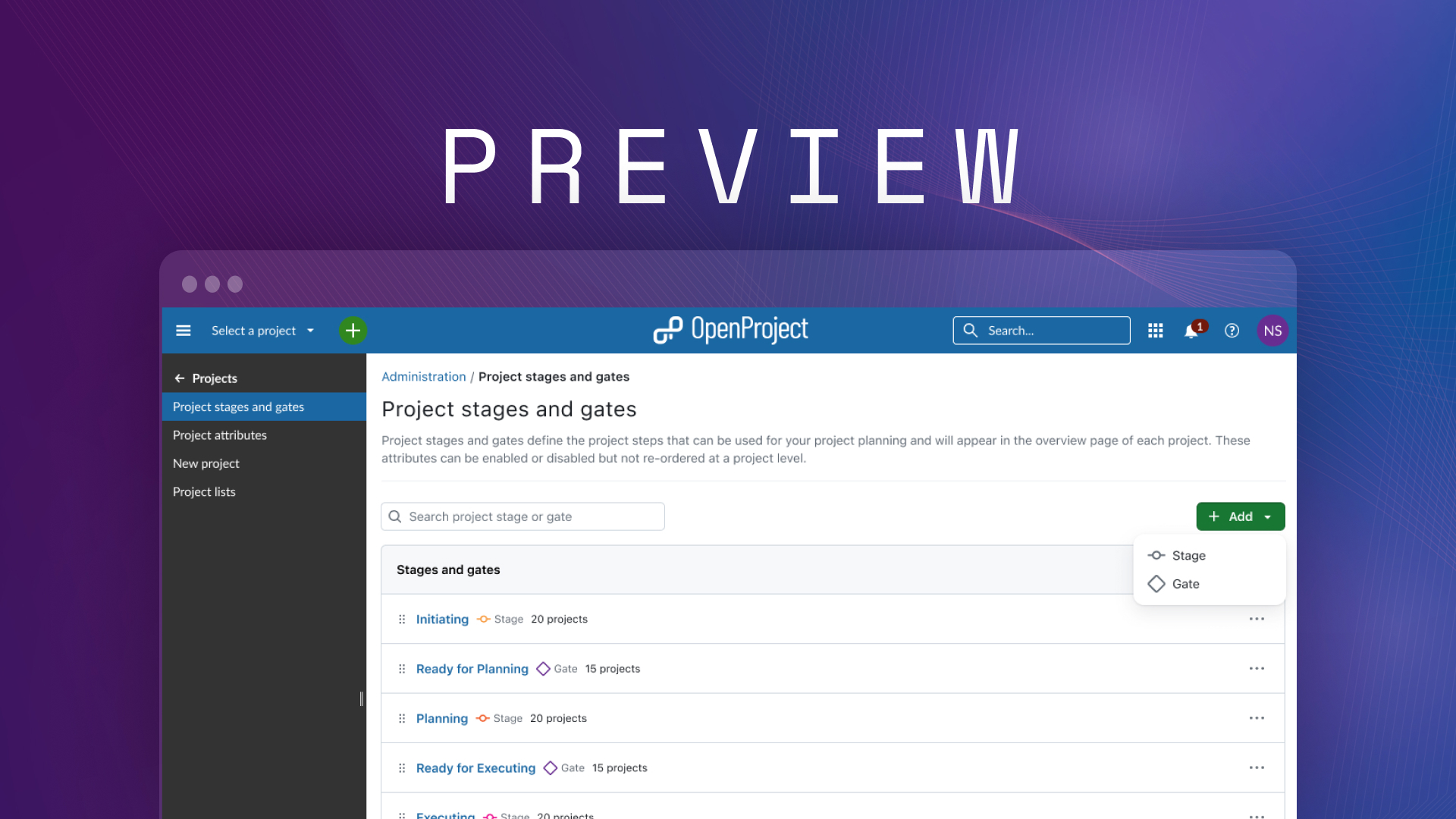 Preview OpenProject 2025: Project lifecycle with stages and gates - administration