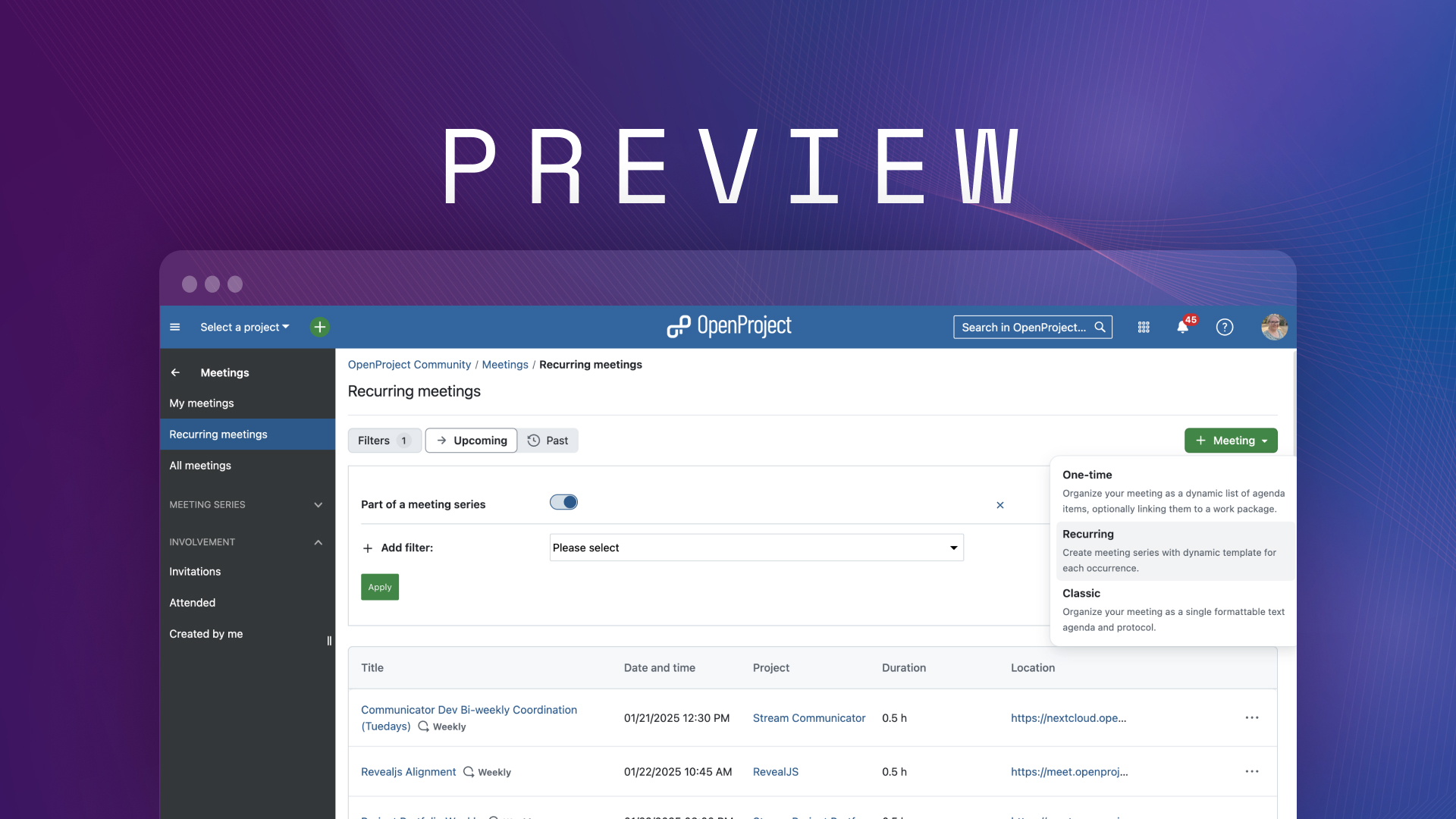 Preview OpenProject 2025: Recurring meetings